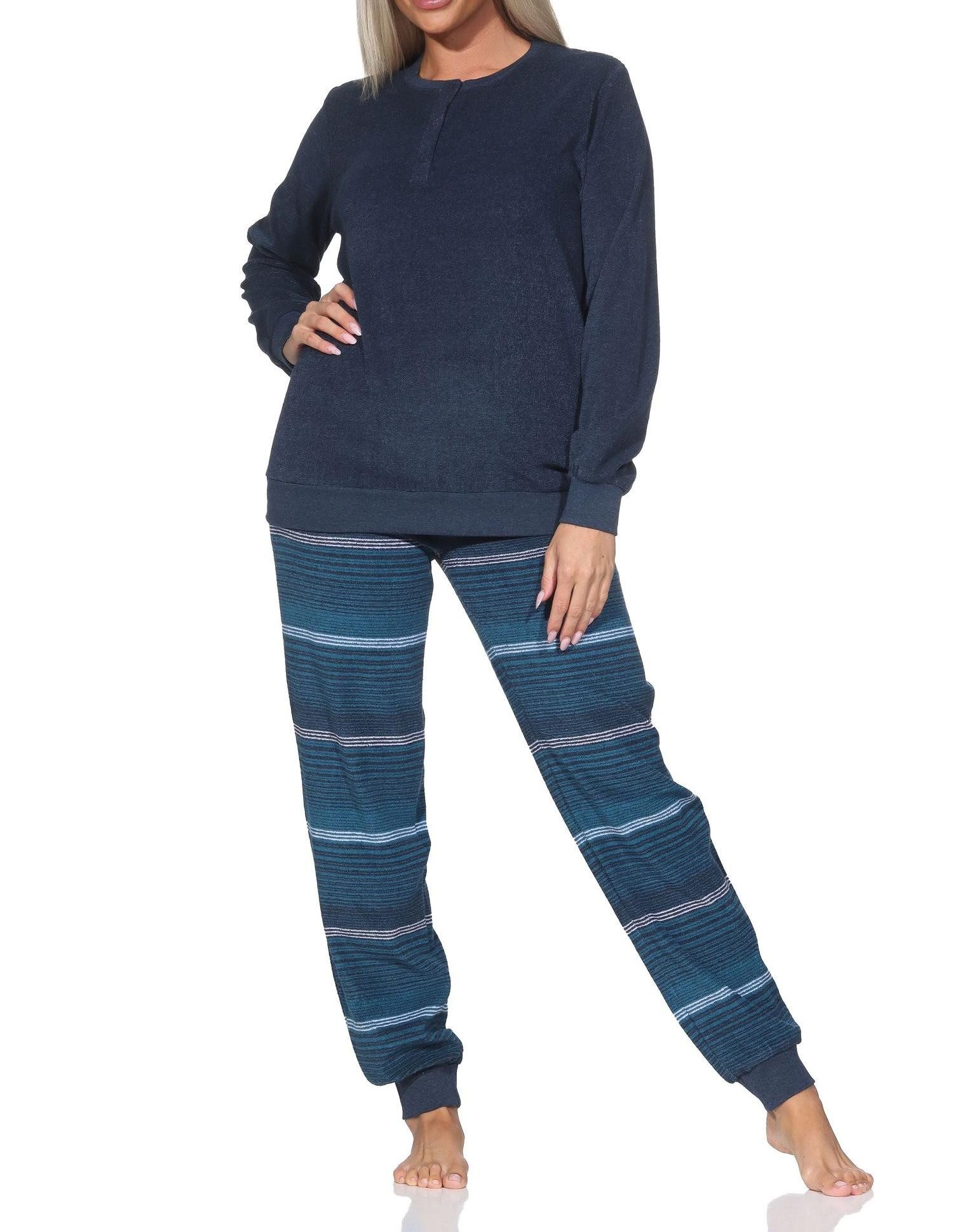 Pyjama Normann Damen Frottee Schlafanzug langarm mit Bündchen Hose gestreift