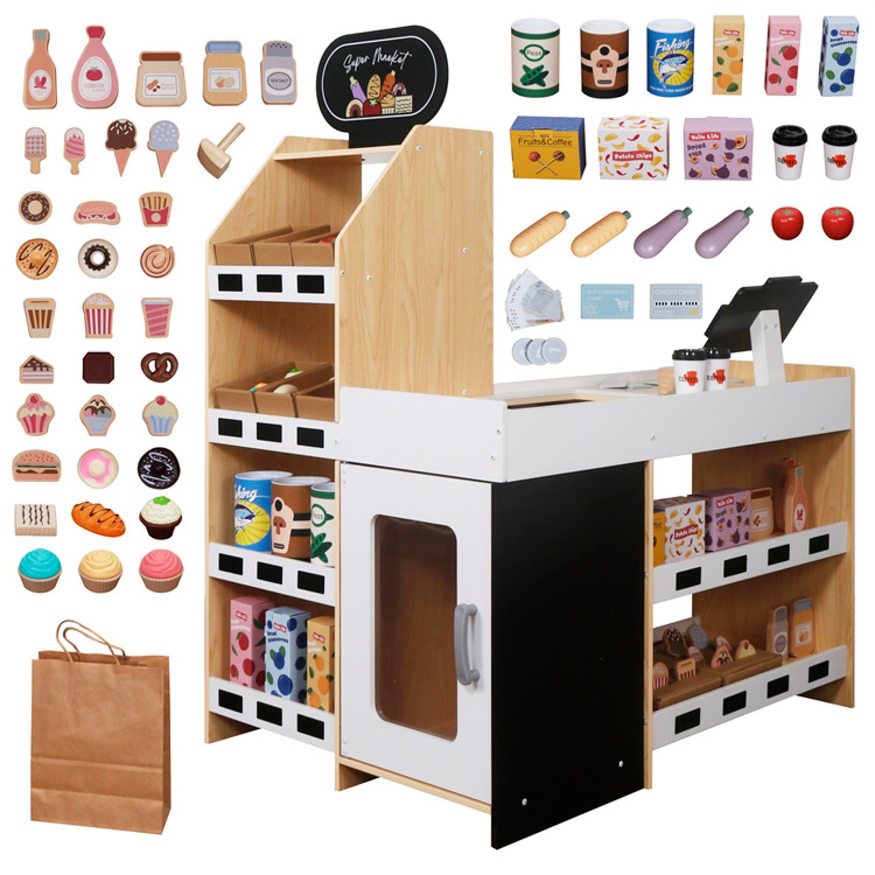 TikTakToo Kaufladen Supermarkt Kaufmannsladen für Kinder mit Zubehör (komplettes Spielset)