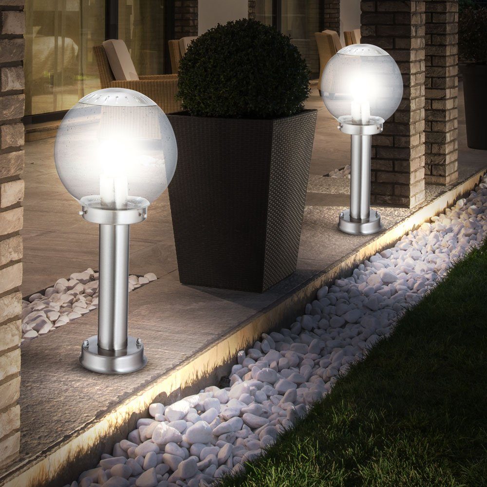 LED AußenStehlampe, Garten Steh Lampe silber Glas Kugel Außen