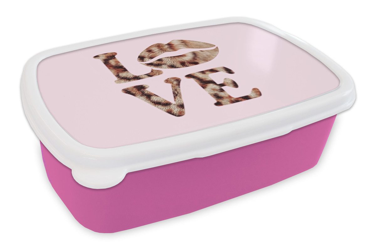 MuchoWow Lunchbox Text - Liebe - Panthermantel - Hellrosa, Kunststoff, (2-tlg), Brotdosen, Lunch Box, Brotbox für Kinder und Erwachsene