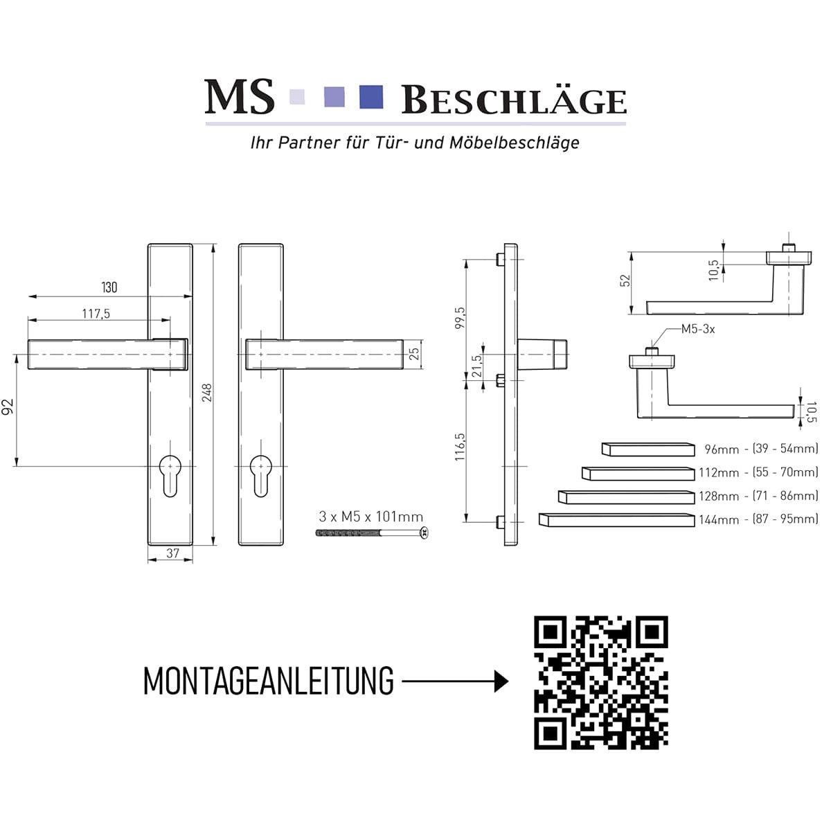 MS Beschläge Türbeschlag Edelstahl-Optik PZ Schmalrahmengarnitur 92mm, Türdrücker Langschildgarnitur 248x37mm