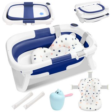 Clanmacy Babybadewanne Baby Badewanne Faltbar Reisebadewanne Silikon mit Kissen blau