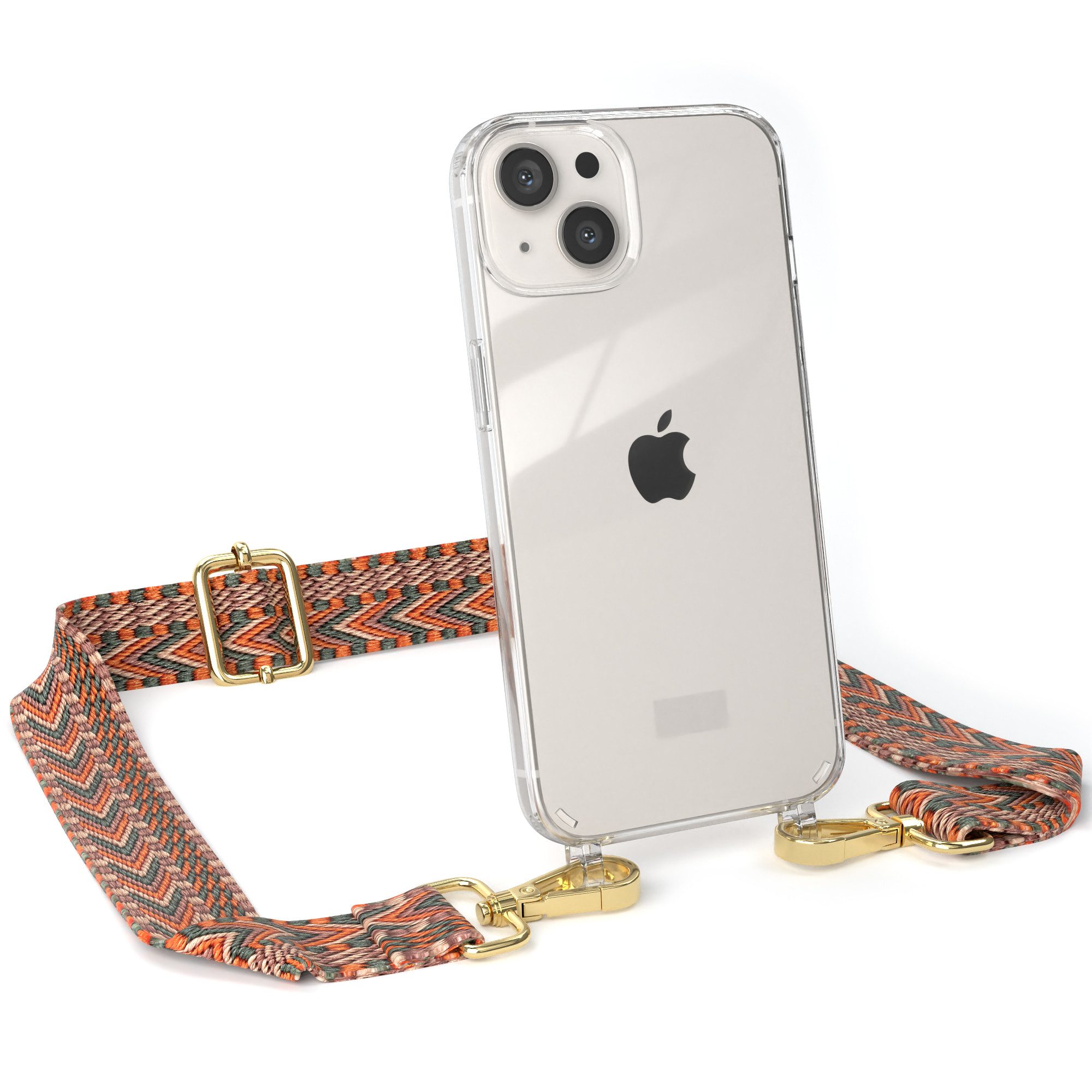EAZY CASE Handykette Boho Umhängeband für Apple iPhone 13 6,1 Zoll, schmaler Gürtel Kordel transparenter Silikonhülle Umhängetasche Orange