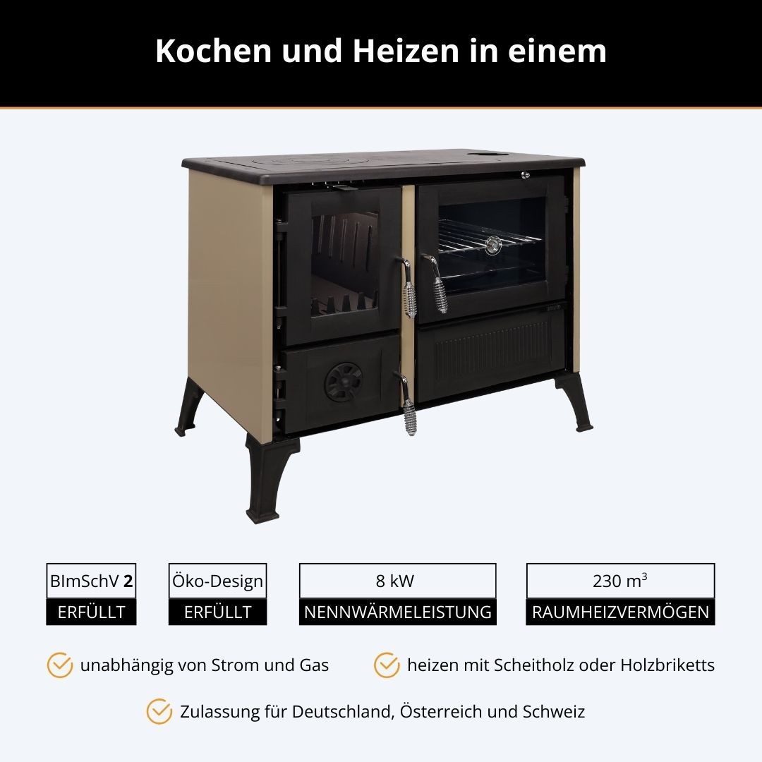 365 Kaminofen 365® Küchenherd Cook Smart beige emailliert 8 kW Gusseisen A+, 8 kW