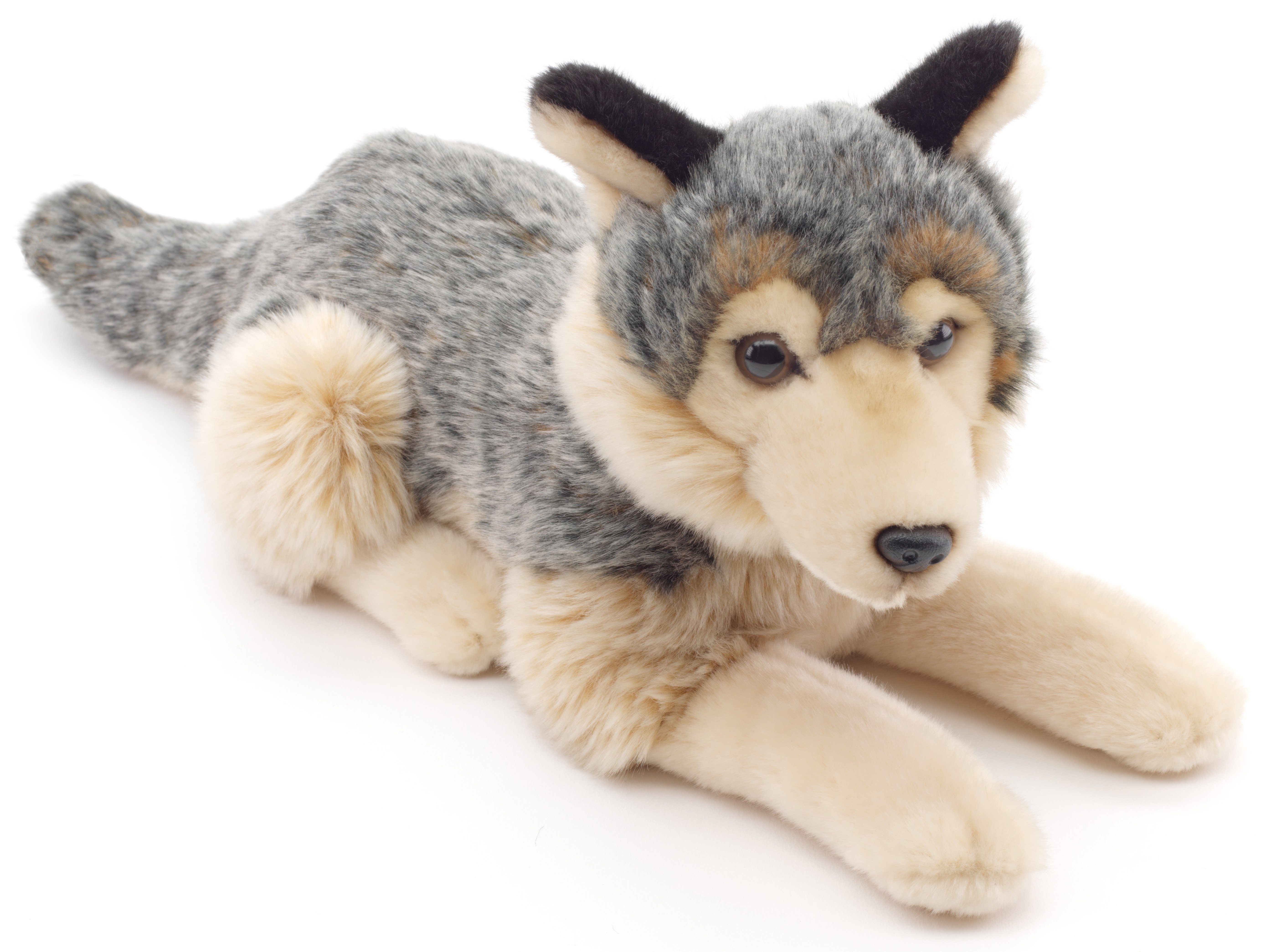- - Plüschtier, 30 recyceltes (Länge) cm Uni-Toys liegend 100 Grauwolf, Plüsch-Wolf, Füllmaterial zu Kuscheltier Lupus % -