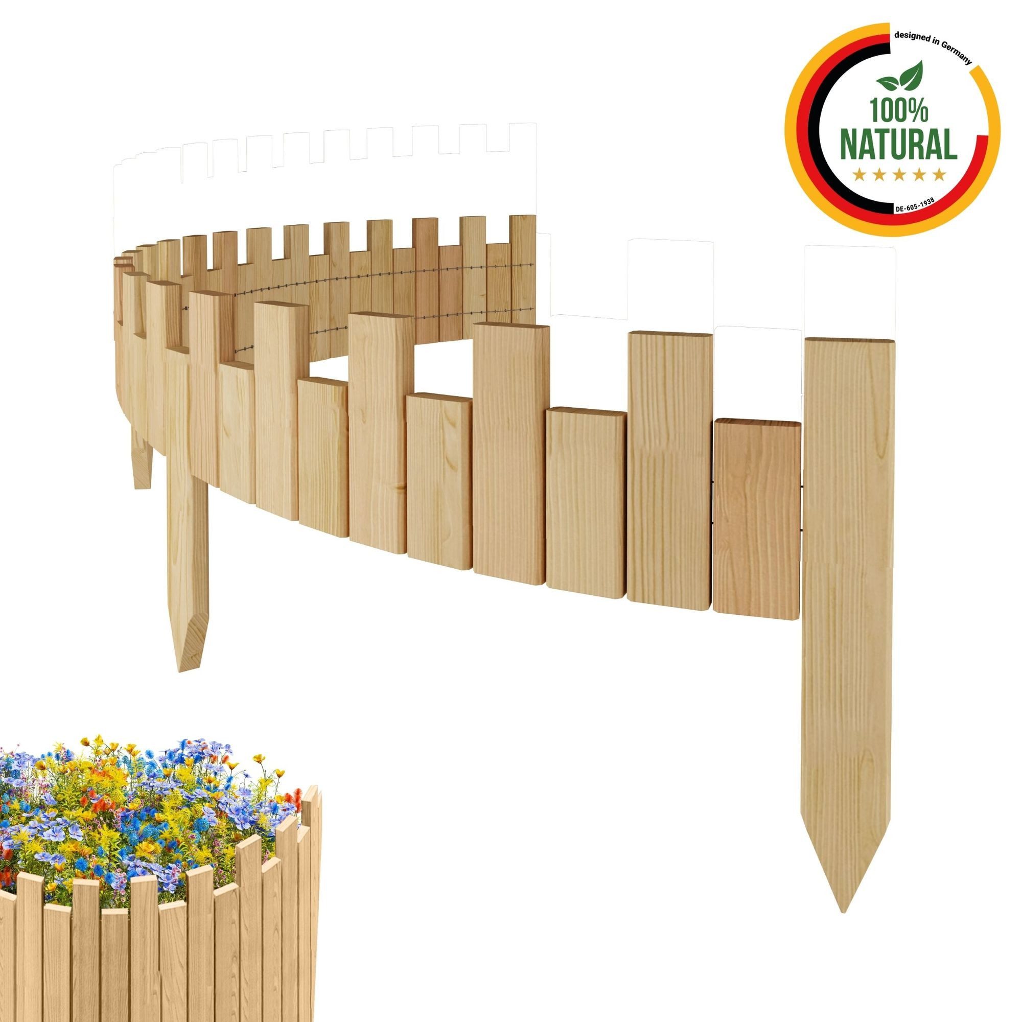 Floranica Beetbegrenzung Beeteinfassung Beetumrandung Rasenkante Rollzaun Holzzaun Gartenzaun, LxH: 200x15 cm, Natur, Umzäunung für Garten Blumenbeetee Wege Dekozaun Rasenbegrenzung