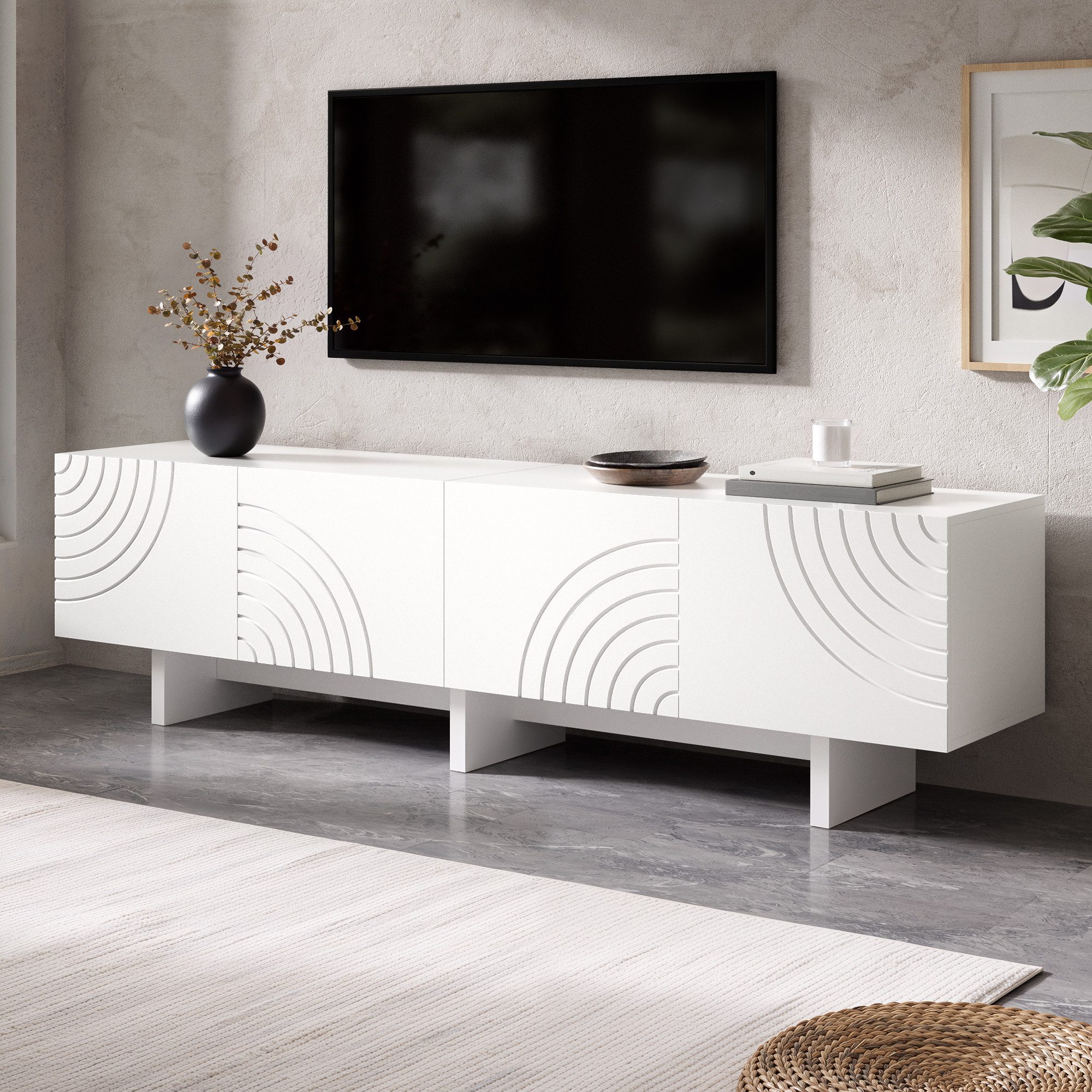 Merax Lowboard mit geometrischem Bogenmuster & Relief-Fronten (170 x 35 x 50 cm, 1 St), TV-Schrank mit 4 Türen, Mitteltrennwand & Kabeldurchlass