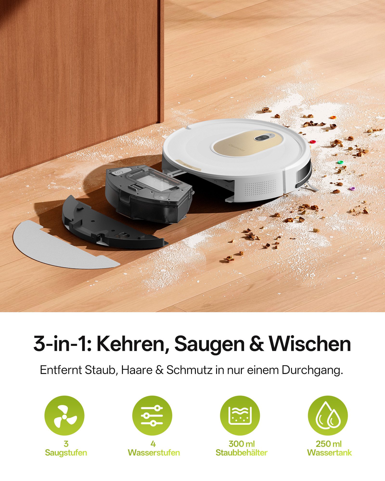 Vactidy Nass-Trocken-Saugroboter Vactidy W8, 30 W, beutellos, 5000Pa/150 min/mit Wischfunktion