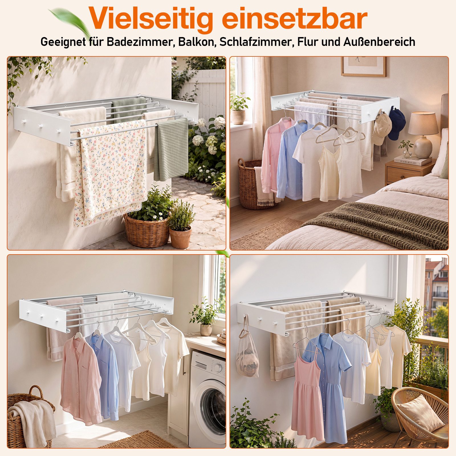 Clanmacy Wandwäschetrockner 100 cm Klappbarer Wäscheständer, Wandtrockner Weiß mit 6 Stangen – Bild 3 von 5