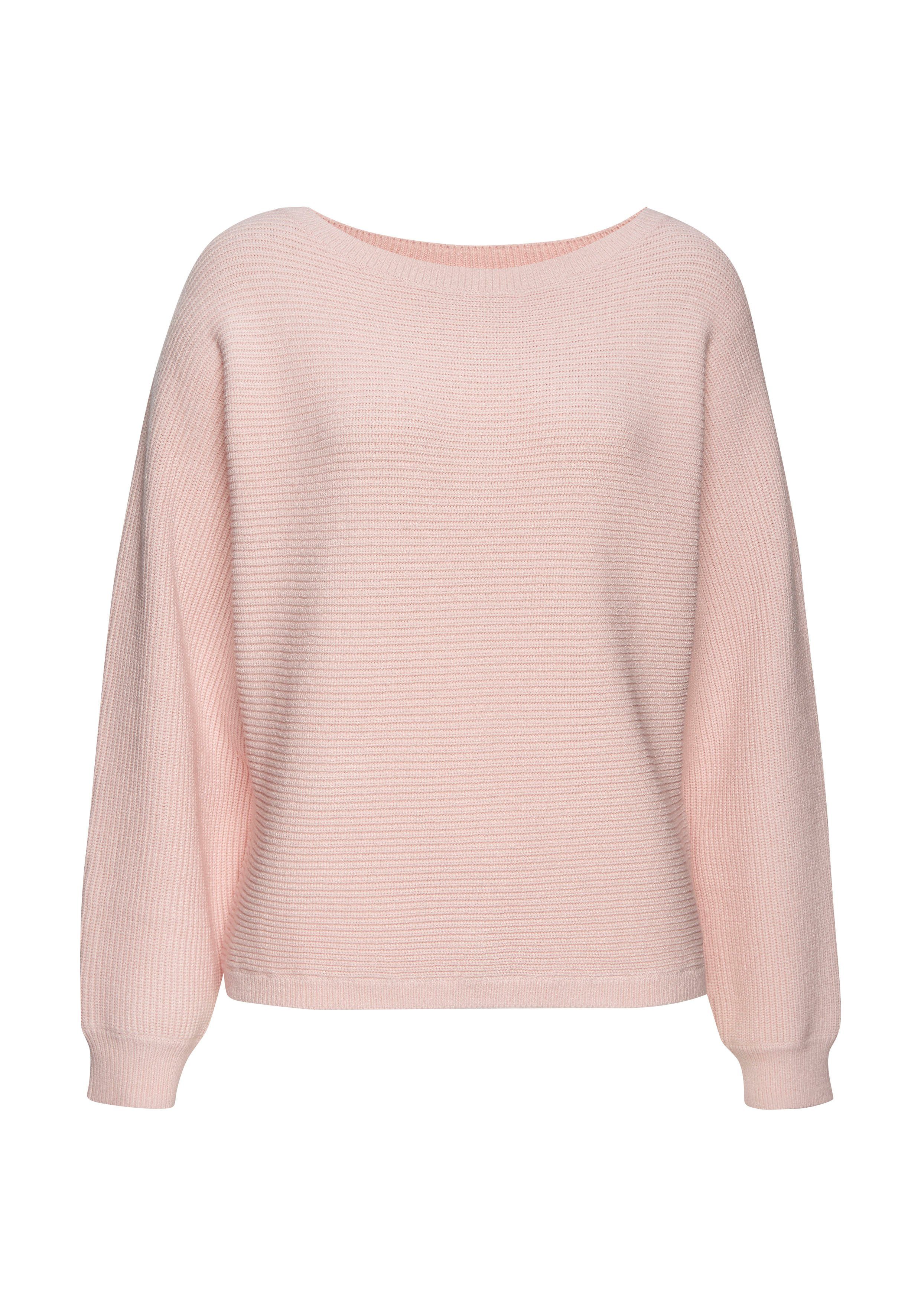 LASCANA Rundhalspullover aus Rippstrick mit Zierknöpfen am Rücken lässiger Fledermauspullover, lockerer Strickpullover, Oversize – Bild 2 von 5