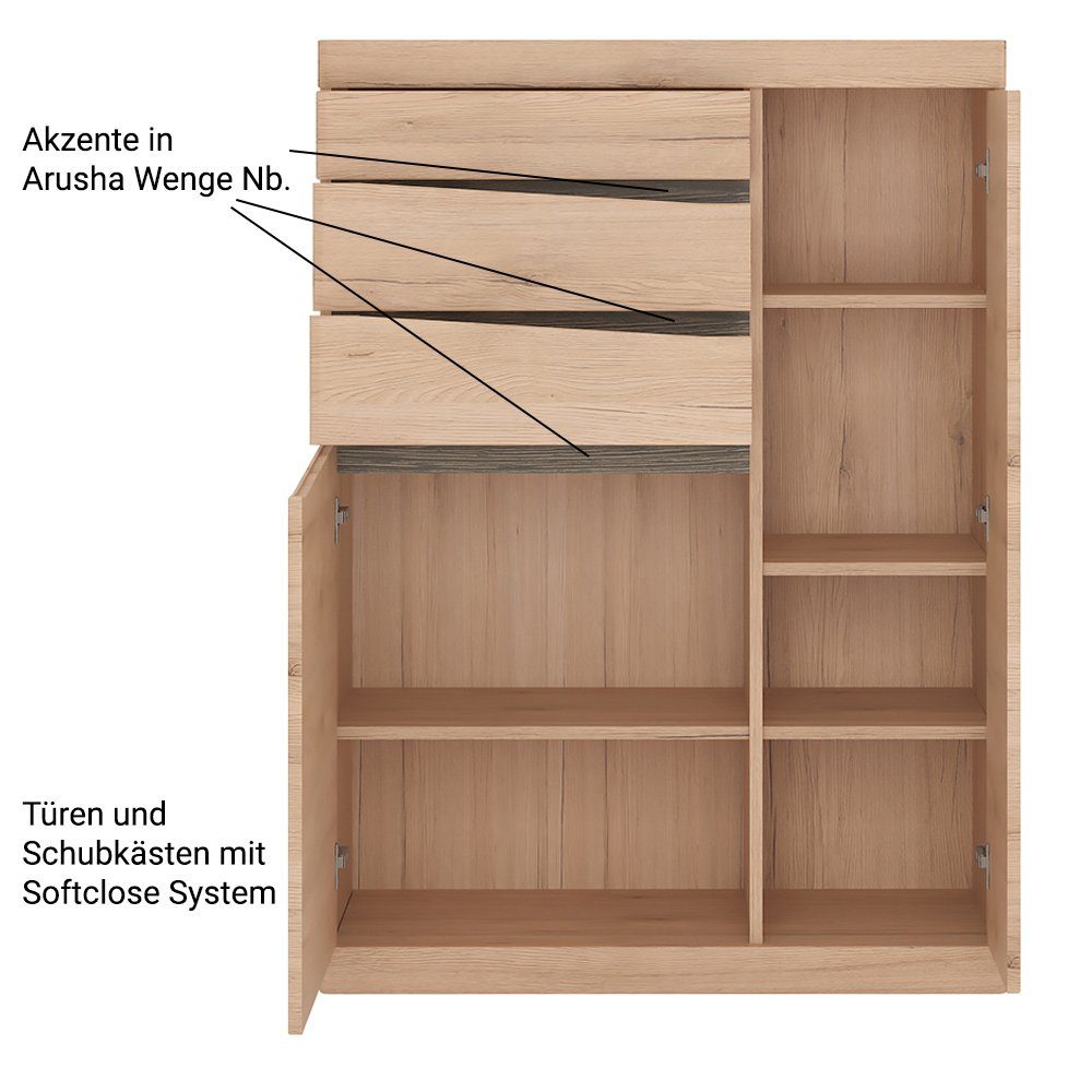 Lomadox Highboard SANFORD-129, San Remo Eiche hell Nb., Türen, 3 Schubkäste günstig online kaufen