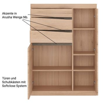 Lomadox Highboard SANFORD-129, San Remo Eiche hell Nb., Türen, 3 Schubkästen, Softclose, Einlegeböden