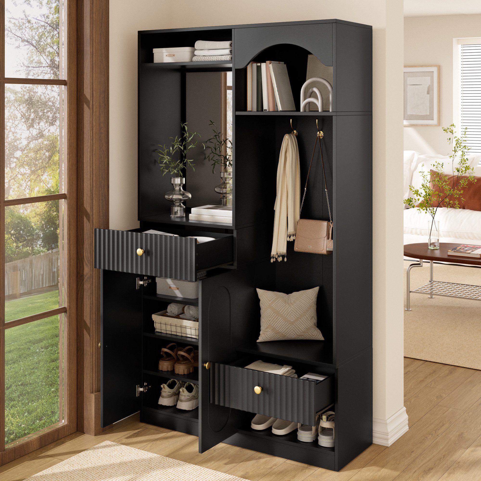 Merax Kompaktgarderobe mit Spiegel & Sitzbank (100 x 35 x 180 cm, 1-St) Garderoben-Set Flurgarderobe mit Schuhschrank, Haken & Stauraum – Bild 2 von 5