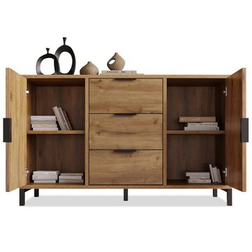 Ulife Sideboard Kommode mit 2 Türen und 3 Schubladen,Dunkle Eiche, Verstellbare Ablage, 120 x 40 x 76 cm