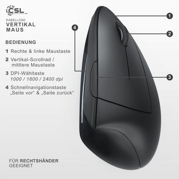CSL ergonomische Maus (Vertikale Optische Wireless kabellos Funk Mouse, BT + 2,4 Ghz Funk)