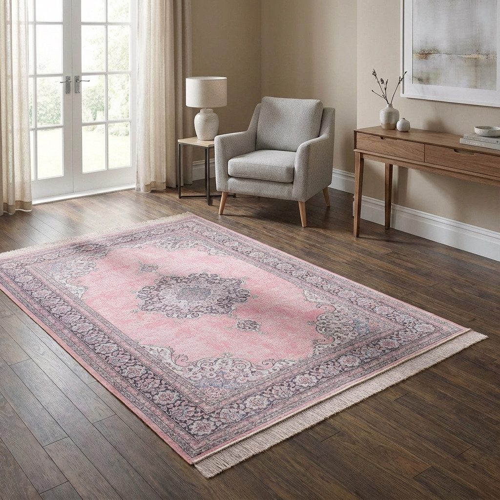 TaCa Home Teppich Vintage Designer Kurzflor, rechteckig, Höhe: 6 mm, Schlafzimmer Kinderzimmer Wohnzimmer Esszimmer, rose - 95 x 140 cm