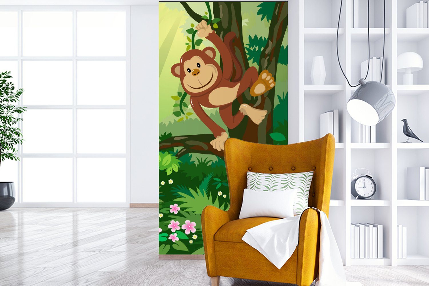 MuchoWow - Fototapete - bedruckt, Dschungel Vliestapete Schlafzimmer Blumen (2 Affe Mädchen Fototapete Küche, - - Jungen Matt, St), für - Wohnzimmer Kinder,