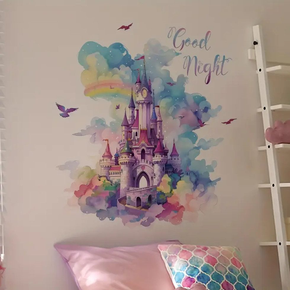 Montegoni Aufkleber Wandsticker Traum-Schloss mit Regenbogen & Sternen – Kinderzimmer Deko, (Kein Set (Single Item), Selbstklebend, wiederverwendbar, märchenhaftes Schloss