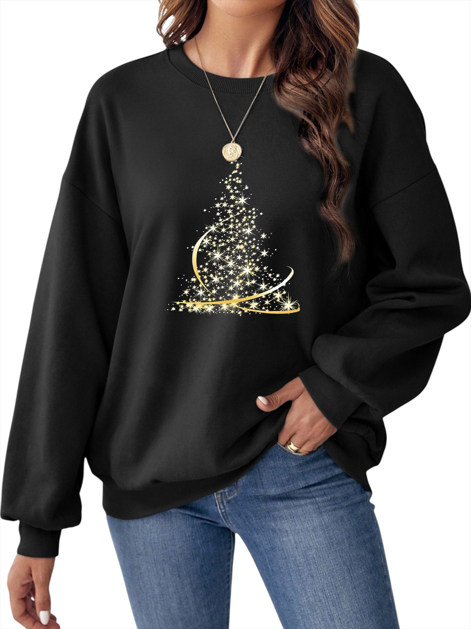 PYLIKE Rundhalspullover Damen Pullover mit Weihnachtsbaum Print, Fleecepull günstig online kaufen