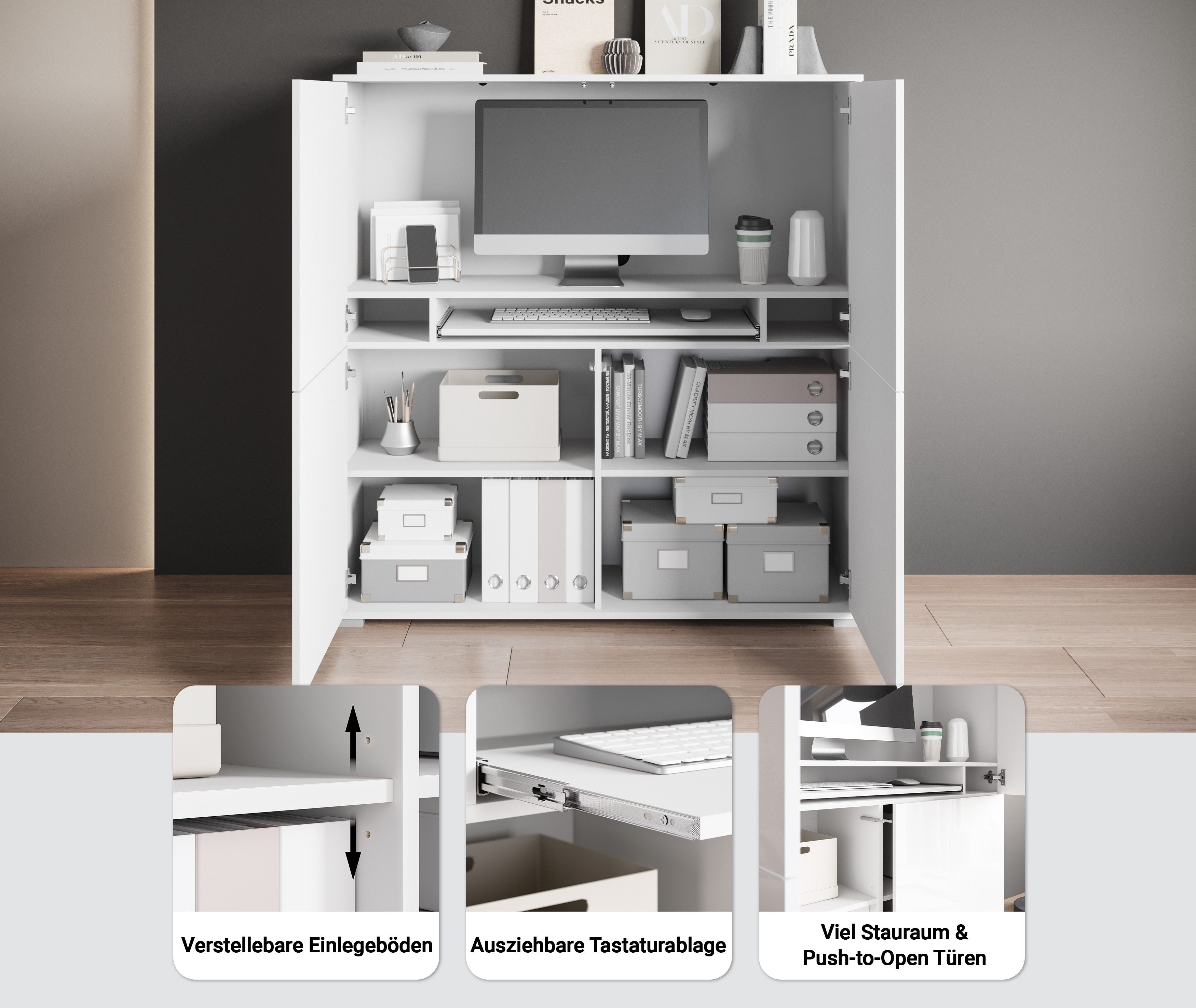 OTTO home PC-Schrank Kenia, Sekretär, Home Office (1 St), Mit Push-to-open, Tastaturauszug und praktischem Stauraum