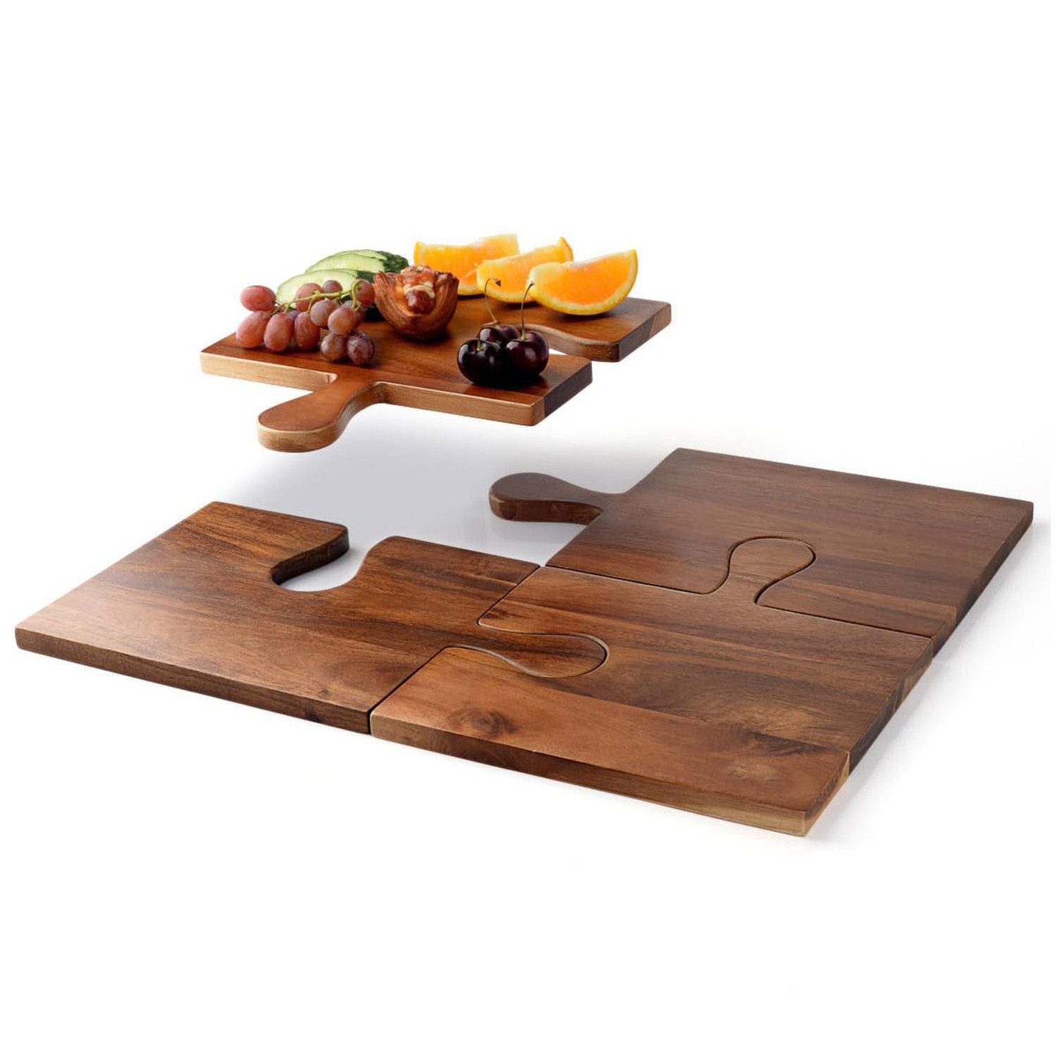 Quality Elegance Servierbrett Akazienholz Puzzle Servierbrett XXL mit Weinglashalter 50 x 40 cm, Akazienholz, Modular, Weinglashalter, Messerschonend, Nachhaltig