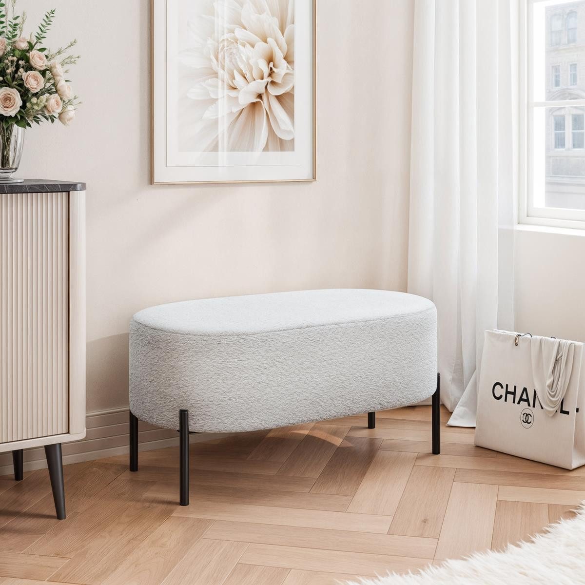 Compleo Sitzbank gepolstert, BELLO mit Bouclé-Stoff und Stauraum