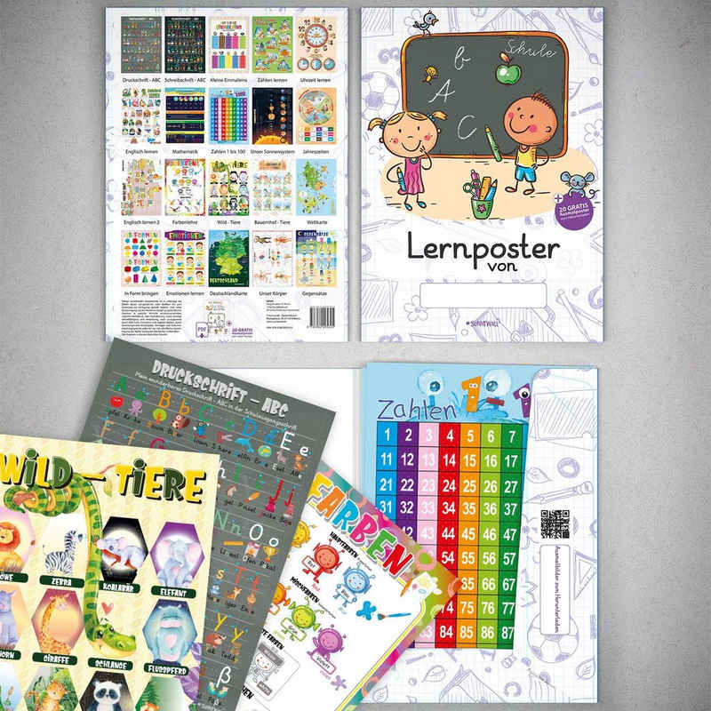 Sunnywall Poster Lernposter Set + Bonus, Grundschule Lesen Schreiben ABC Rechnen, (Set), Designt & hergestellt in Deutschland