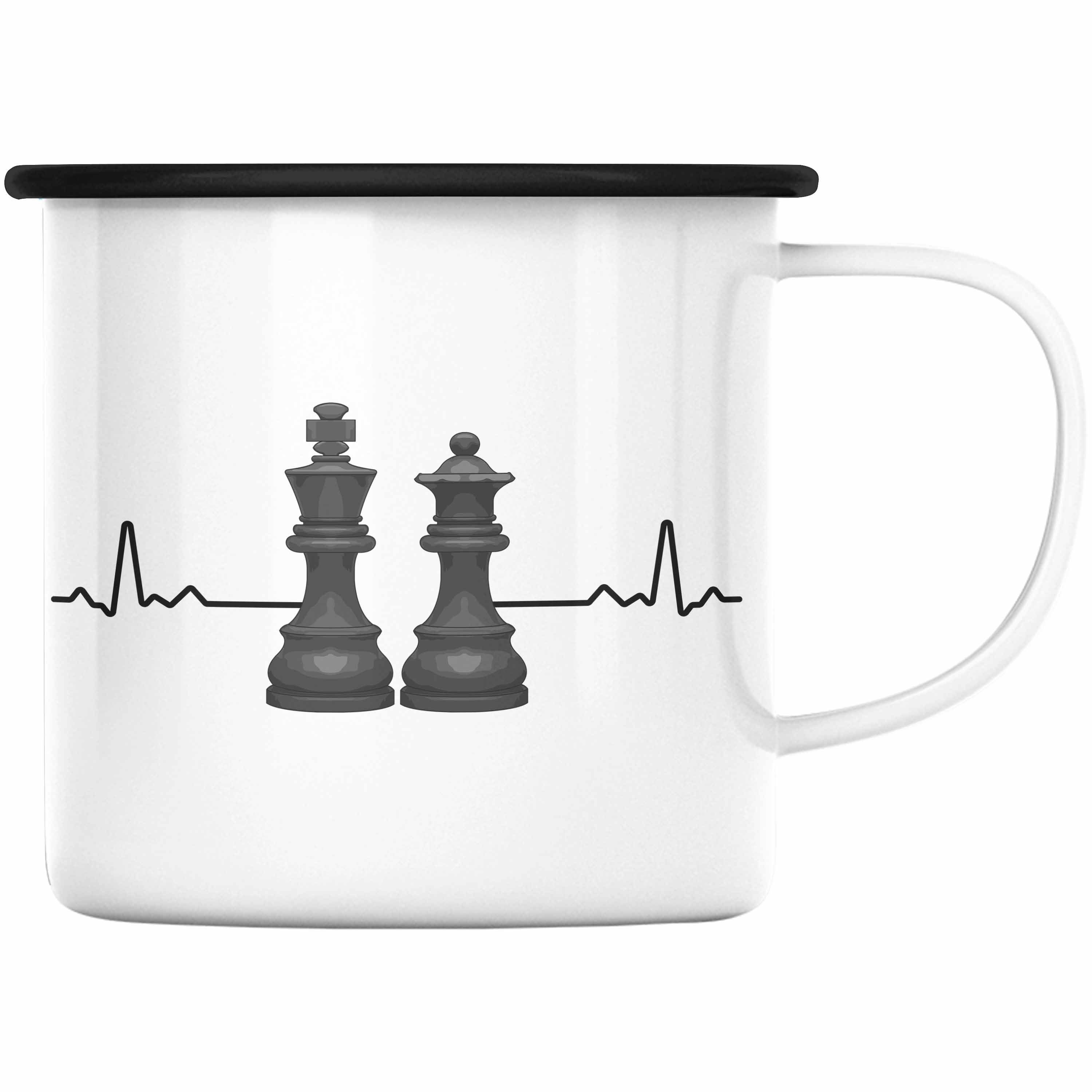 Trendation Thermotasse Trendation - Schach Geschenk Schachspieler Geschenkidee Emaille Tasse mit Schachfiguren Grafik Spruch Schwarz