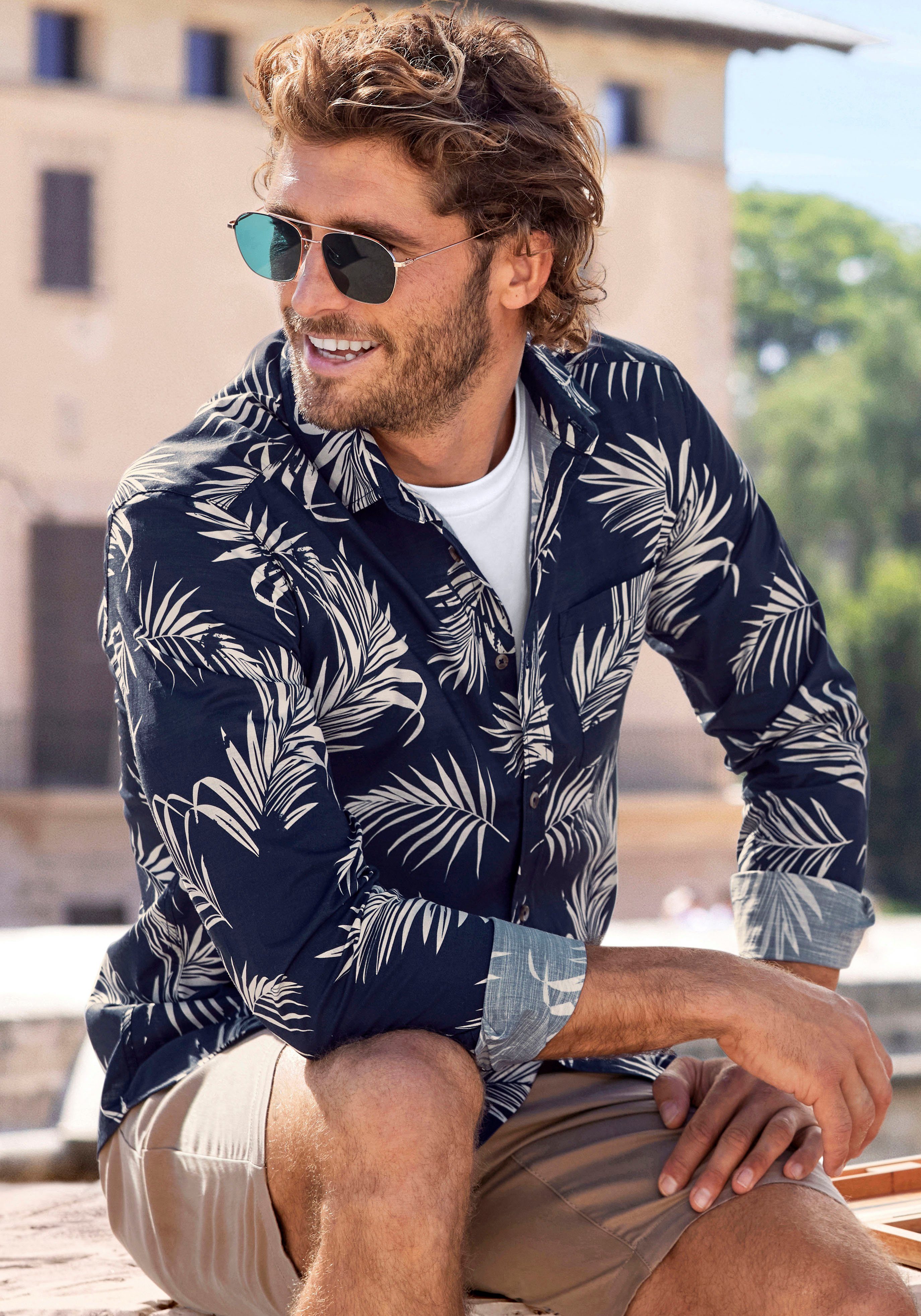 John Devin Hawaiihemd Regular Fit, Langarm, Freizeithemd mit Palmenprint aus reiner Baumwolle