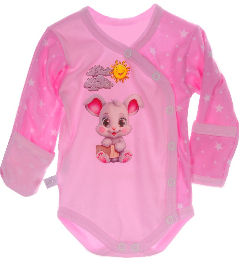 La Bortini Wickelbody Baby Body Langarmbody mit Kratzschutz in Rosa mit Hasen und Sternchen 44 50 56 62 68 74 80 86 aus reiner Baumwolle