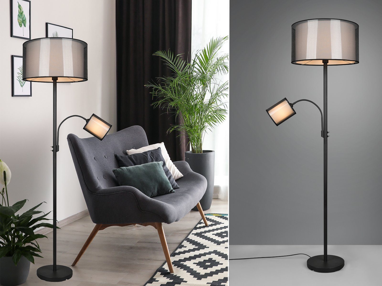 TRIO Leuchten LED Stehlampe, Lesearm & Dimmfunktion, LED wechselbar, Warmweiß, ausgefallene Design-er Lampe dimmbar mit Leselampe für Ecke, H: 174cm