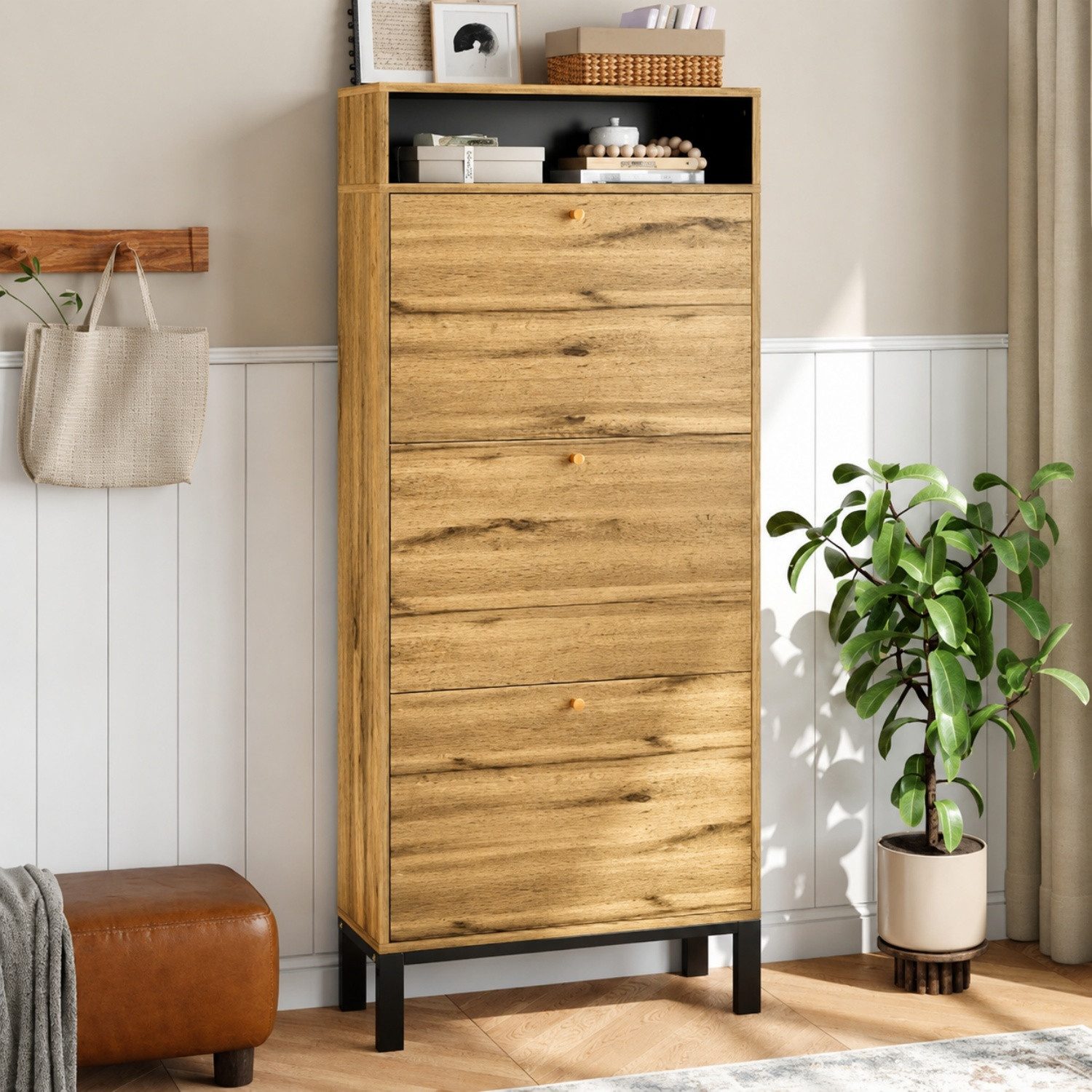 ANYSUN Schuhschrank Schuhschrank schmal, Schuhregal mit 3 Klappen, 147 cm hoch (Einzelstück) Mit offenen Ablagefächern & Metallfüßen, für Flur & kleine Räume