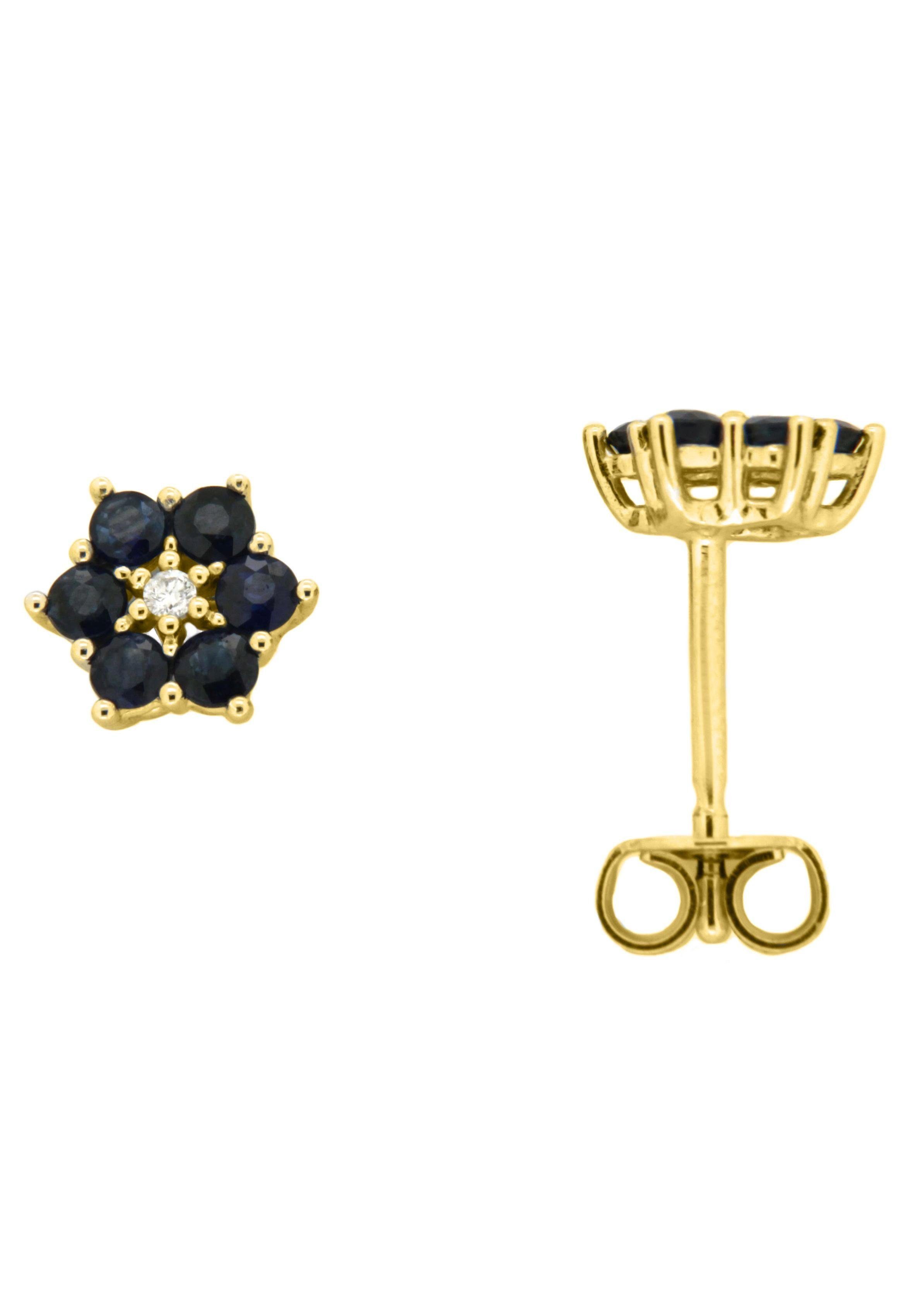 Firetti Paar Ohrstecker Schmuck Geschenk Gold 333 Ohrschmuck Farbstein Edelstein Blume Saphir, mit Saphir - mit Brillant