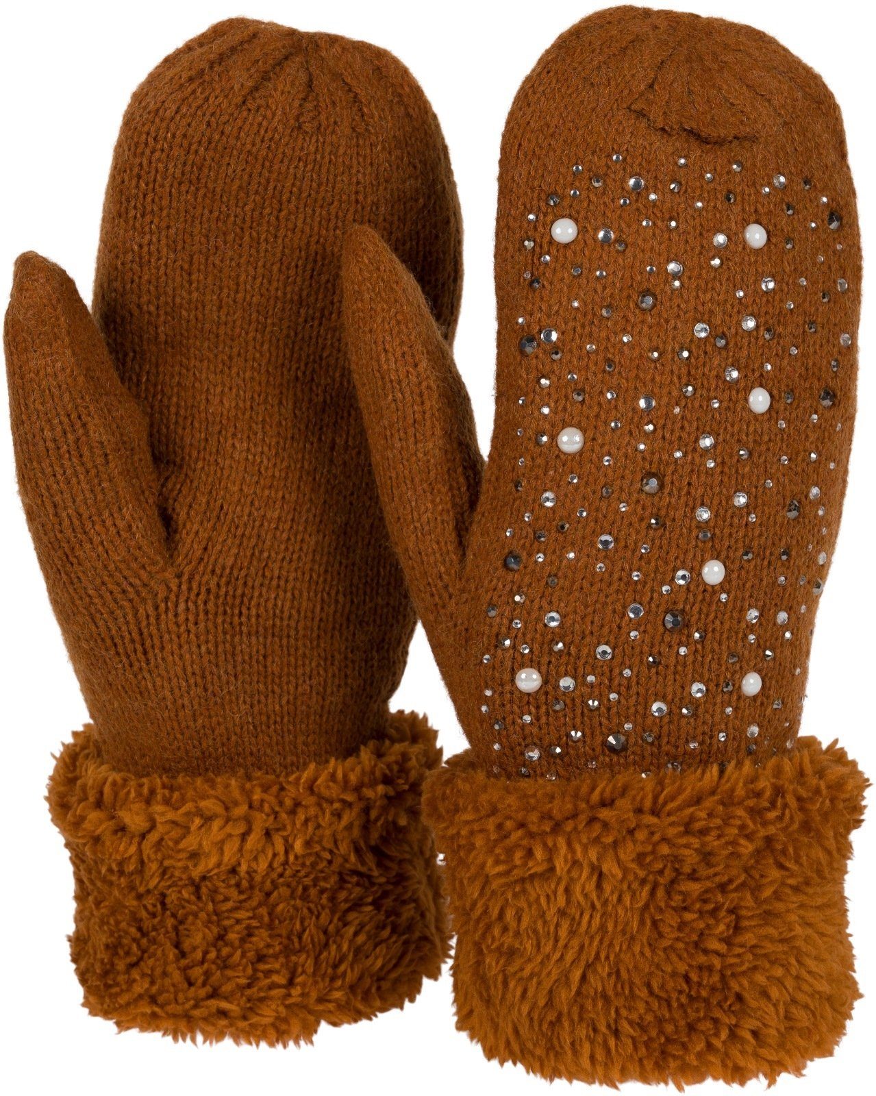 styleBREAKER Fäustlinge Fäustlinge mit Strickhandschuhe Cognac Perlen und Strass