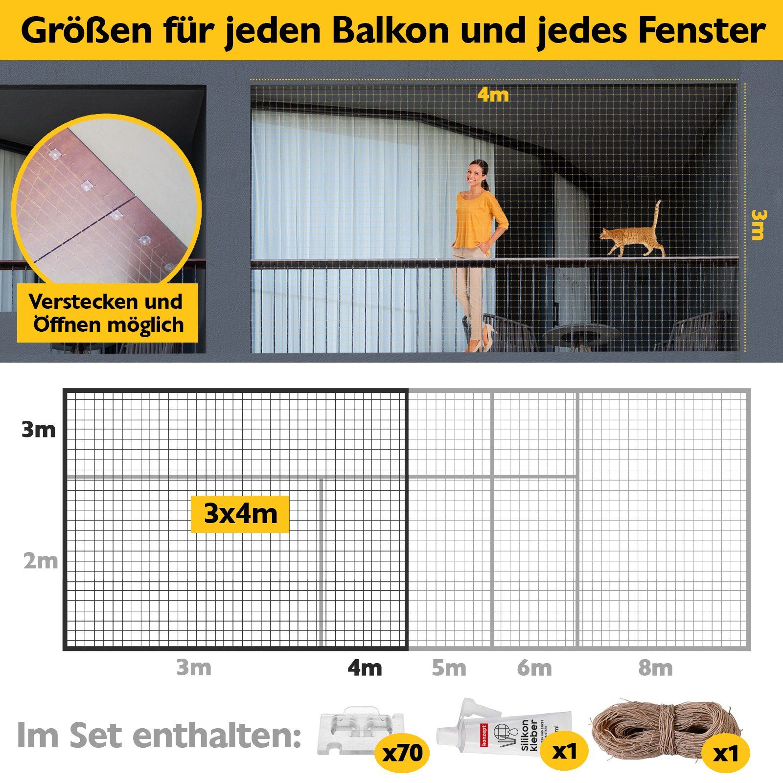 KONZEPT Schutznetz Katzennetz für Balkon Ohne Bohren Set, BxL: 3x4 m, (Komp günstig online kaufen