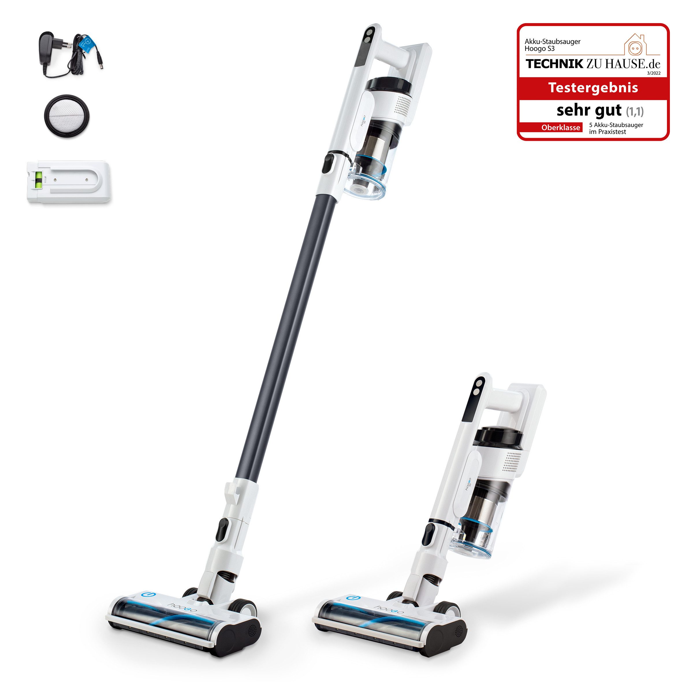 hoogo Akku-Hand-und Stielstaubsauger S3, 330 W, beutellos, 50min Laufzeit, für Allergiker, Tierhaare, Qualität aus Deutschland