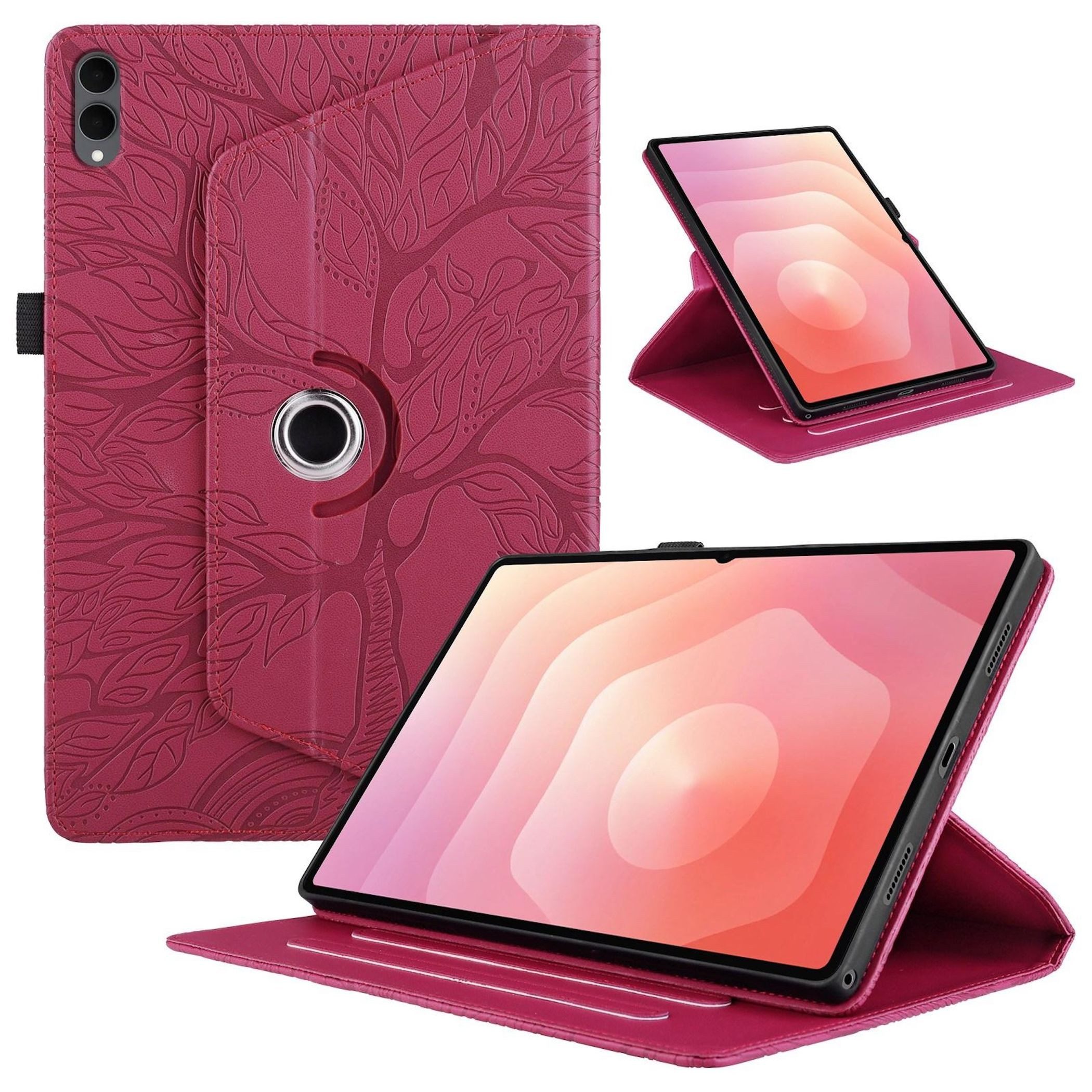 Wigento Tablet-Hülle Für Samsung Galaxy Tab S11 Ultra 360 Grad Baum Kunstleder Tasche Rot, 360° Drehfunktion, Baum des Lebens Motiv, Standfunktion