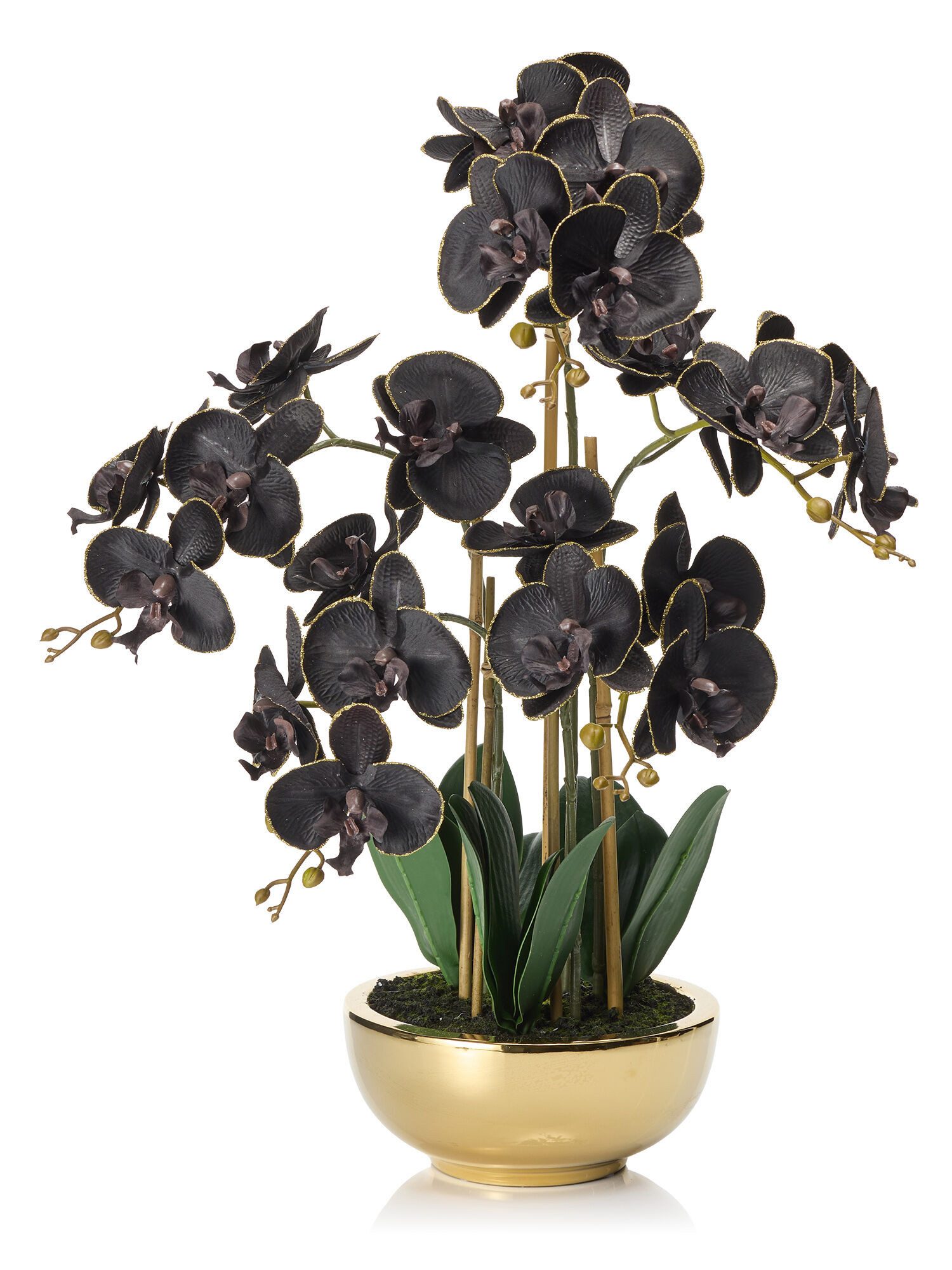 Dekorieren macht glücklich Dekoobjekt Kunstorchidee Phalaenopsis in goldfarbener Schale (1 St., ca. 20 × 9 cm), täuschend echt, pflegeleicht & langlebig, edle Deko-Blume