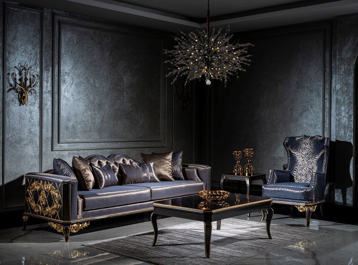 Casa Padrino Sofa - Barock / Sofa Barock Sofa - Gold Möbel Blau Edel - mit Luxus / Prunkvolles Wohnzimmer Schwarz & Prunkvoll dekorativen Kissen
