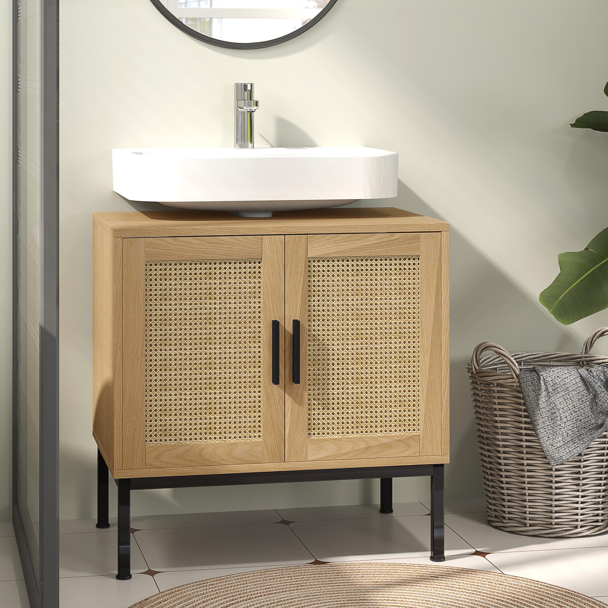 Kleankin Waschbeckenunterschrank Unterschrank mit Schrankfach, Badunterschrank mit Kippschutz (Waschtischunterschrank mit Rattanoptik, 1-St., Natur) 60 x 39 x 60 cm