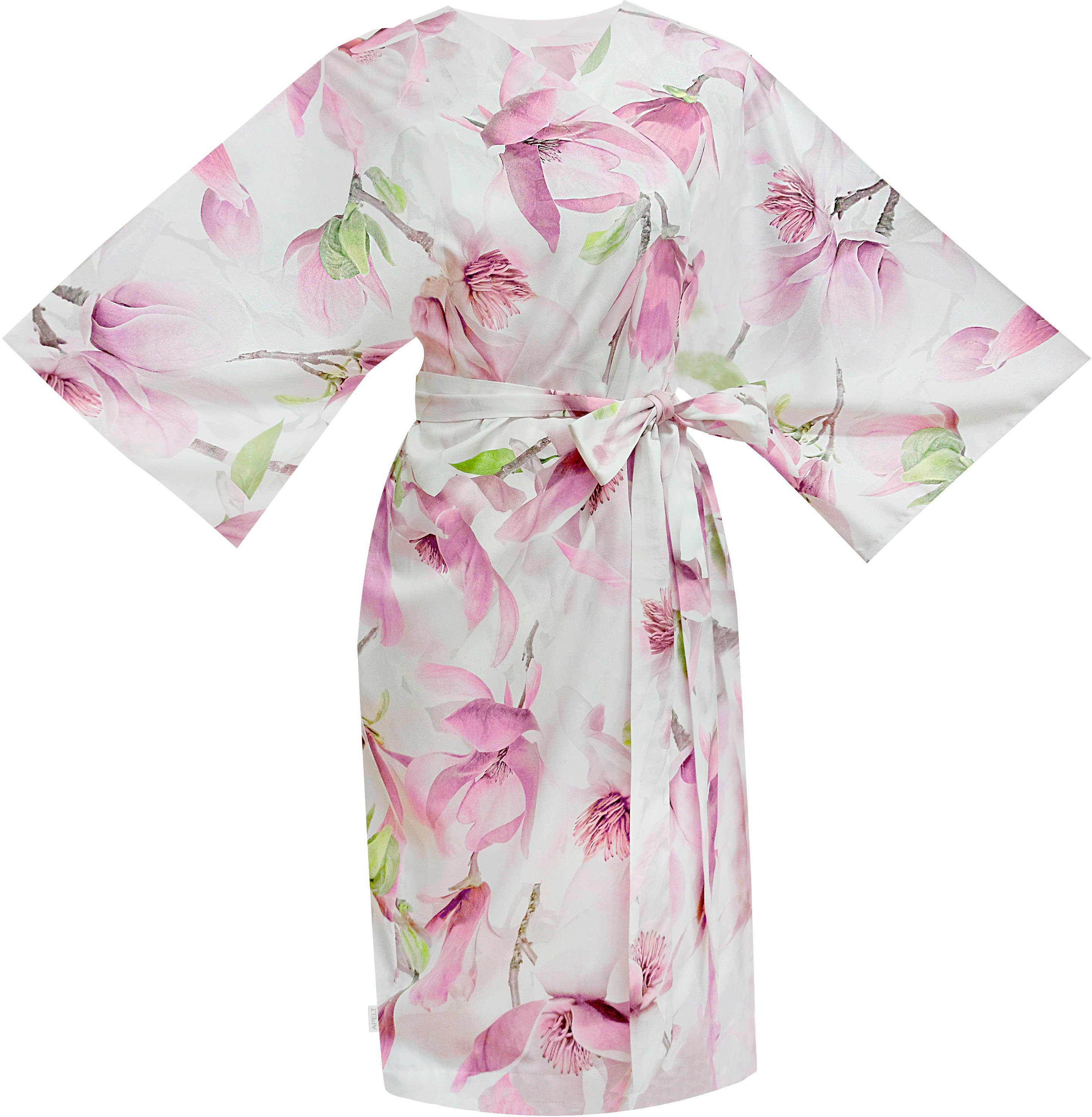 APELT Kimono Dorothy, Kurzform, Mako-Satin, Gürtel, GOTS zertifiziert - nachhaltig aus Bio-Baumwolle weiß - rosé