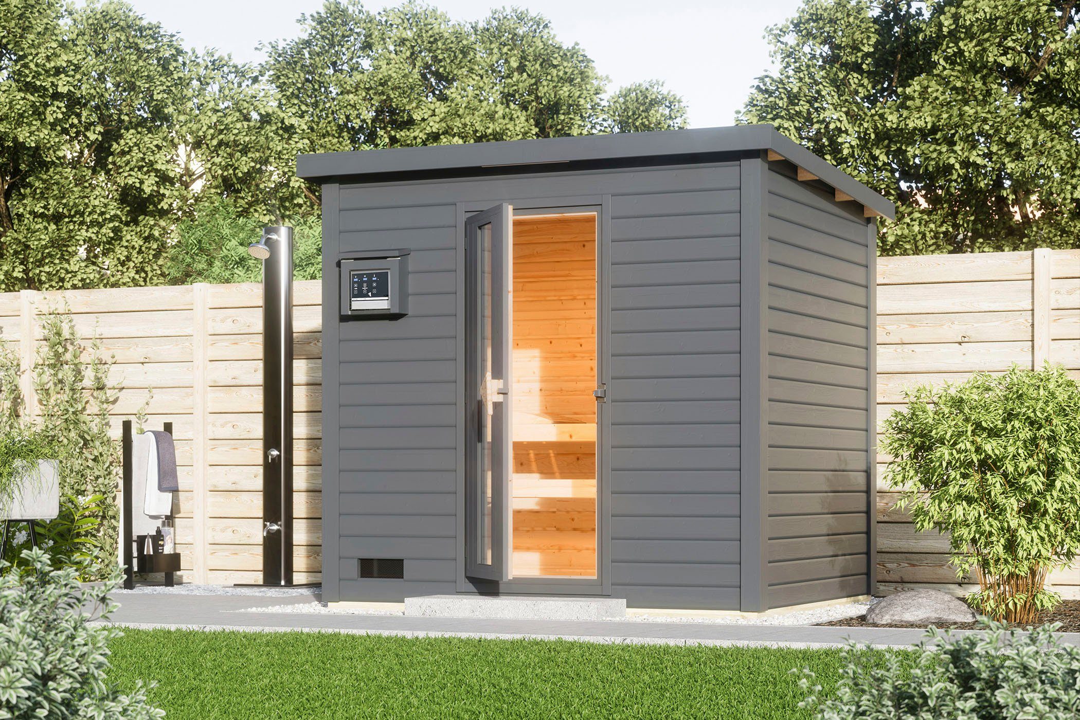 Karibu Saunahaus Talo 3, BxTxH: 2310 x 1960 x 2380 cm, 38 mm, (Set) Ofen 9 KW externe Strg easy