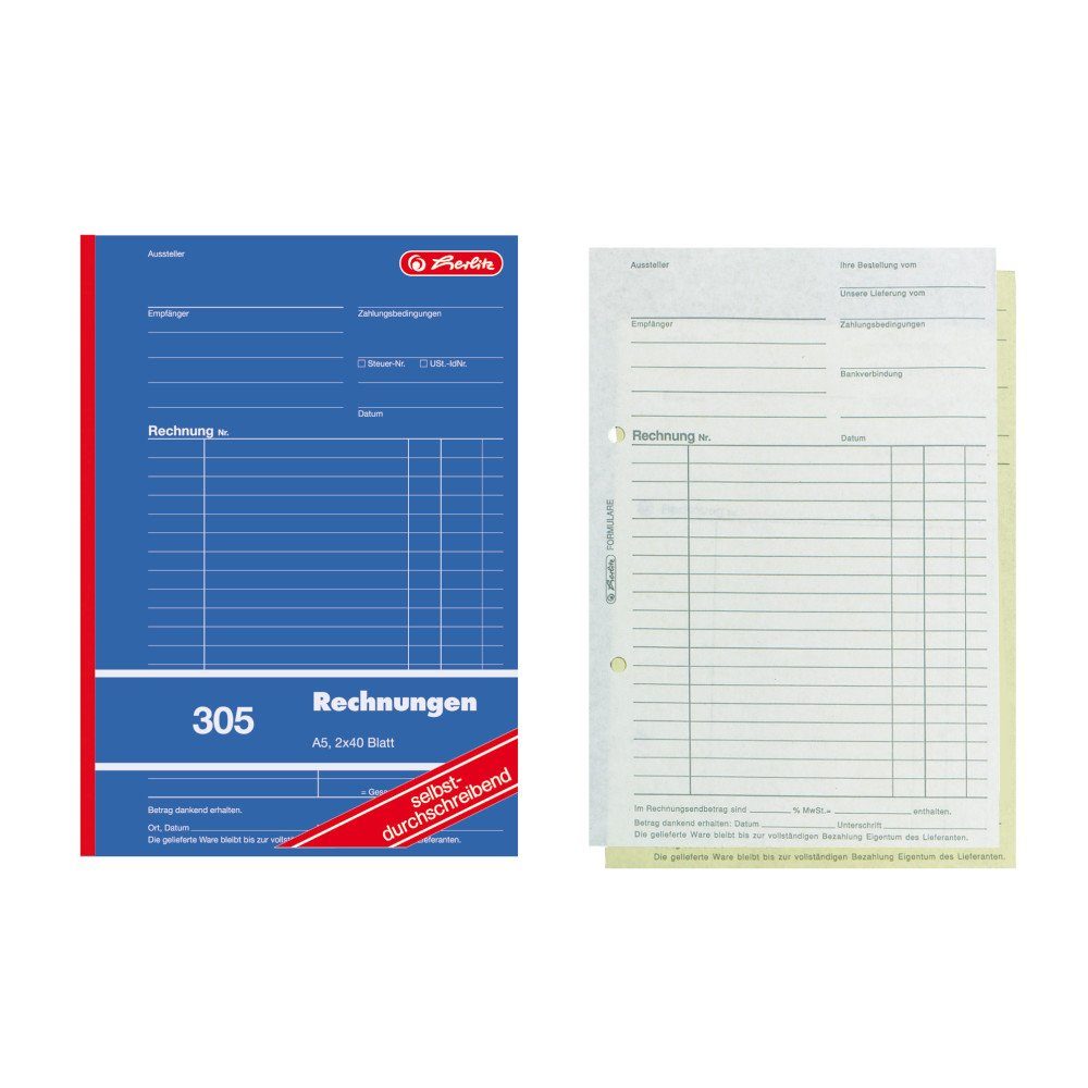 Geschäftspapier Herlitz Rechnungsbuch 305 / A5 / 2x 40 Blatt / selbstdurchschreibend