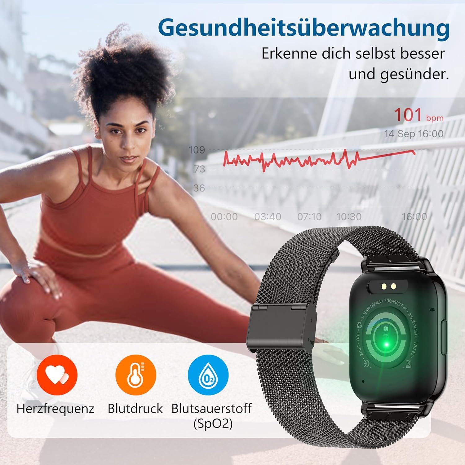 Zevelora Damen's und Herren's Telefonfunktion IP67 Wasserdicht Fitness-Tracker Smartwatch (4,69 cm/1,85 Zoll, Android/iOS), mit austauschbarem weichem Silikonar – Bild 5 von 5