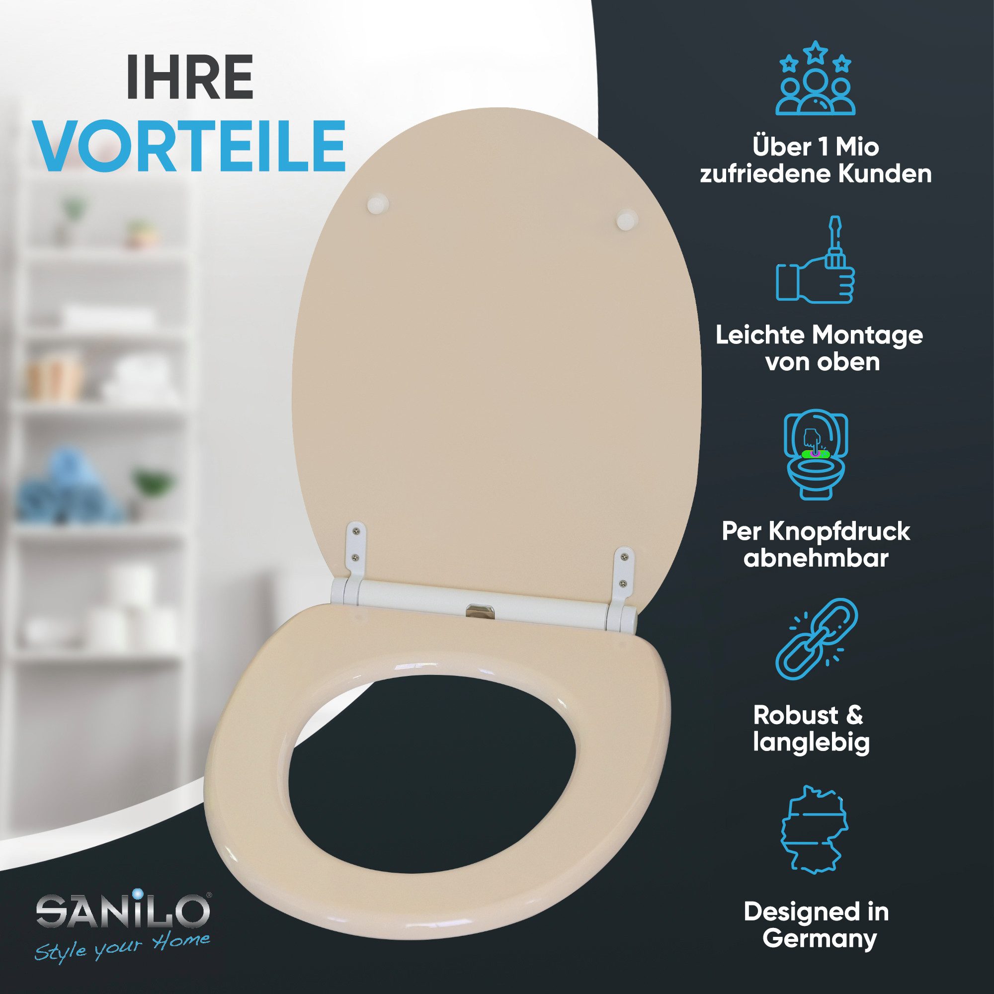 Sanilo WC-Sitz Bahamabeige mit Absenkautomatik & Quick Release, Premium Toilettendeckel, abnehmbar, leichte Montage von oben – Bild 2 von 5
