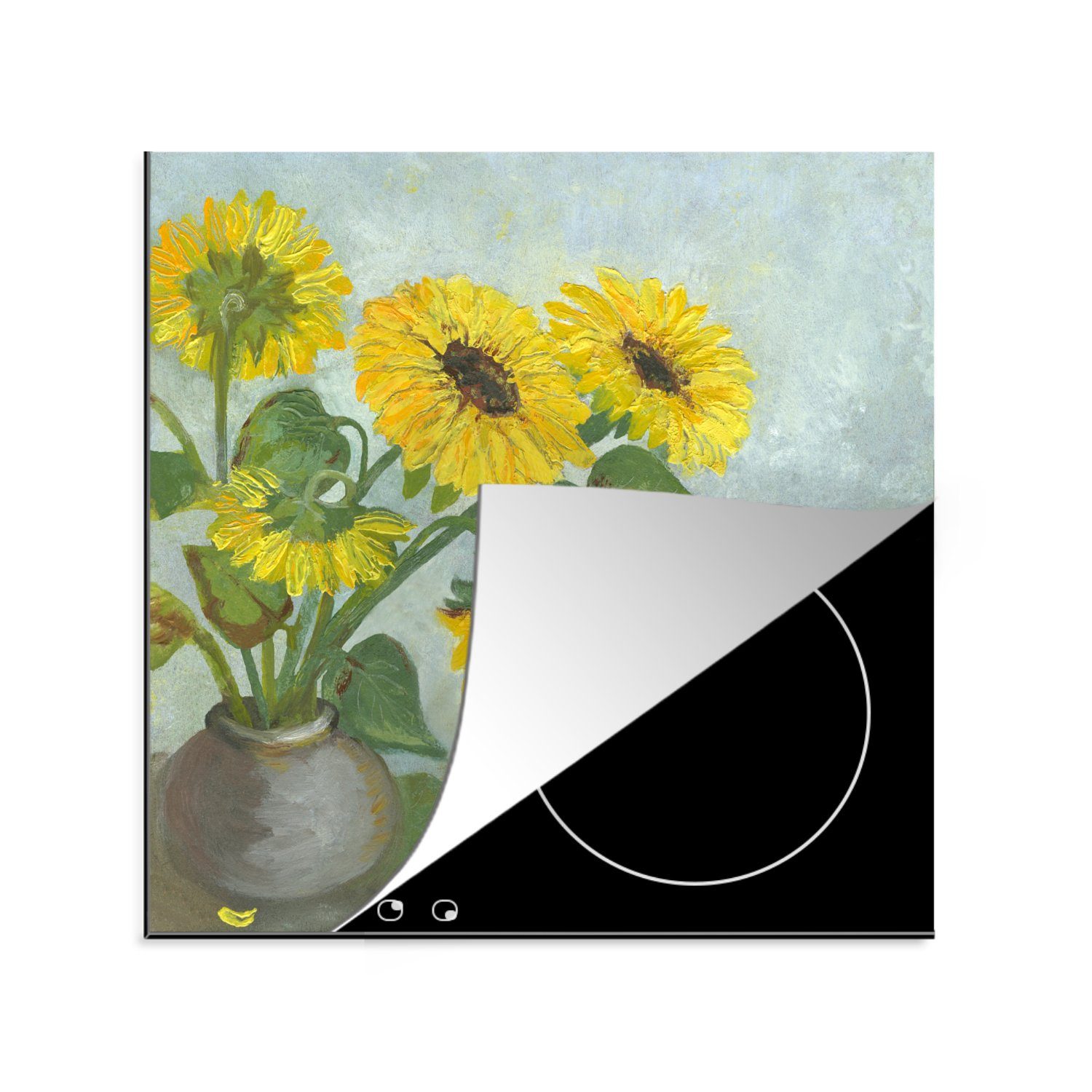 MuchoWow Herdblende-/Abdeckplatte Sonnenblumen - Gemälde - Vase, Vinyl, (1 tlg), 78x78 cm, Ceranfeldabdeckung, Arbeitsplatte für küche