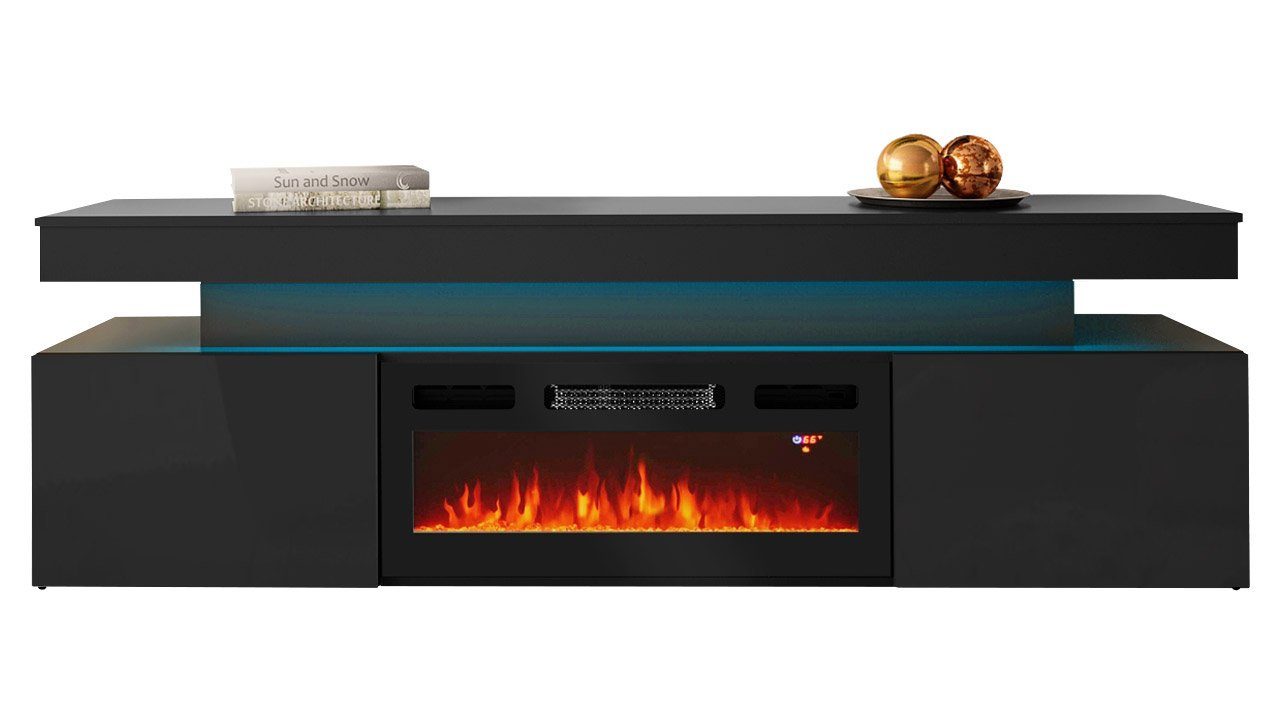 Mirjan24 TV-Schrank EF 2D Glossa blauer mit zwei mit LED-Flamme Realistische Schwarz Hochglanz Drehtüren) (mit Kamin LED-Beleuchtung