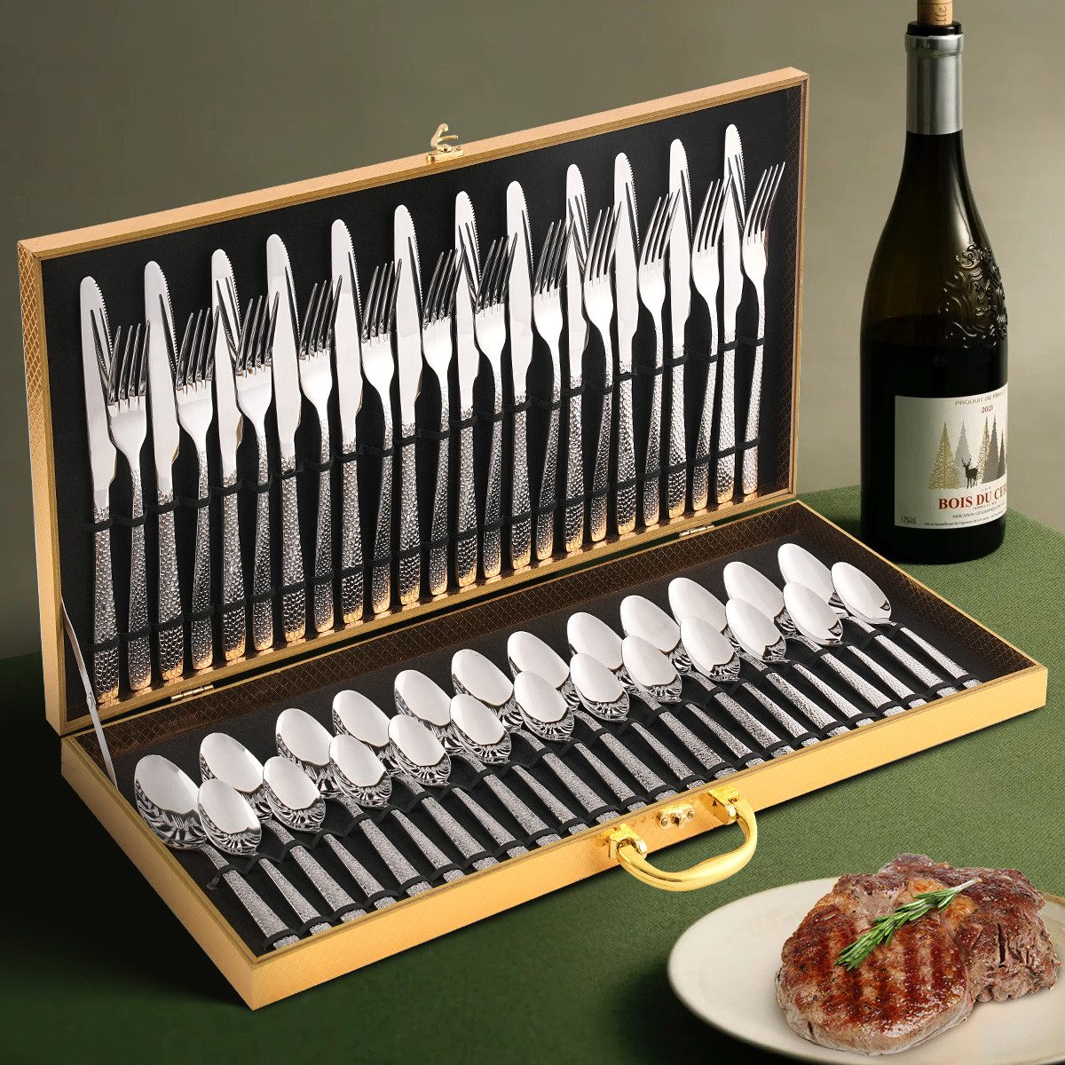 MULISOFT Besteck-Set 48 teilig Besteck Set für 12 Personen, Besteckset mit Gehämmert Griff, 12 Personen, Edelstahl, Essbesteck Set inkl Messer, Gabel, Löffel, Spülmaschinenfest, Rostfrei