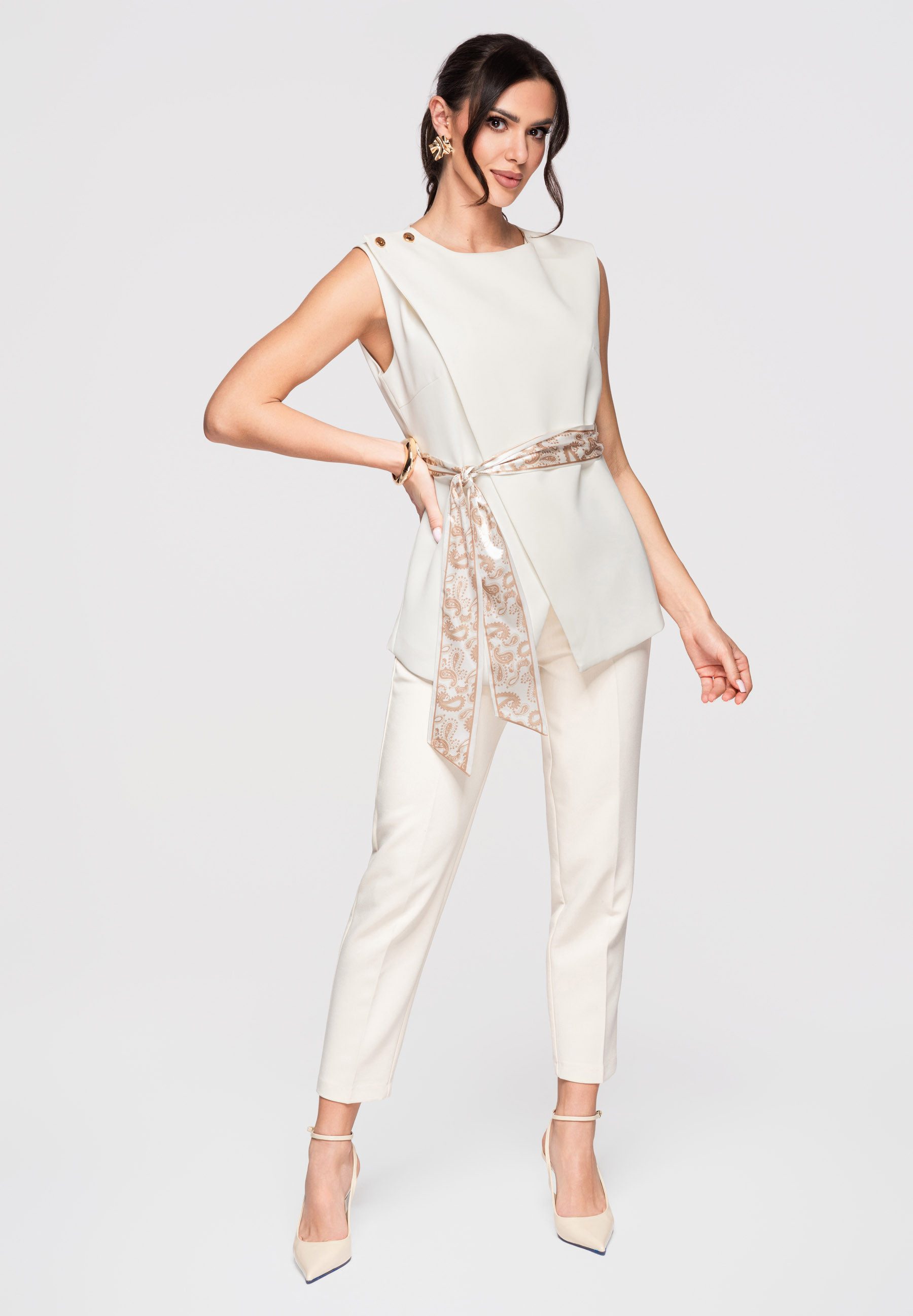 OMBRE Kurzarmbluse Damen Bluse Asymmetrisch Elegant Ecru M (kein Set, 1-tlg) Asymmetrische Drapierung, modellierende Nähte