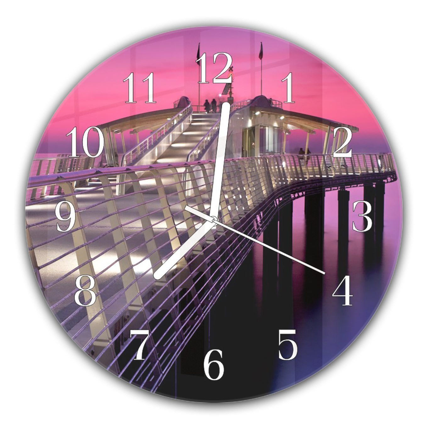 Primedeco Wanduhr Wanduhr aus Glas mit Motiv Sonnenuntergang bei Brücke - Rund mit Durchmesser 30 cm und Quarzuhrwerk